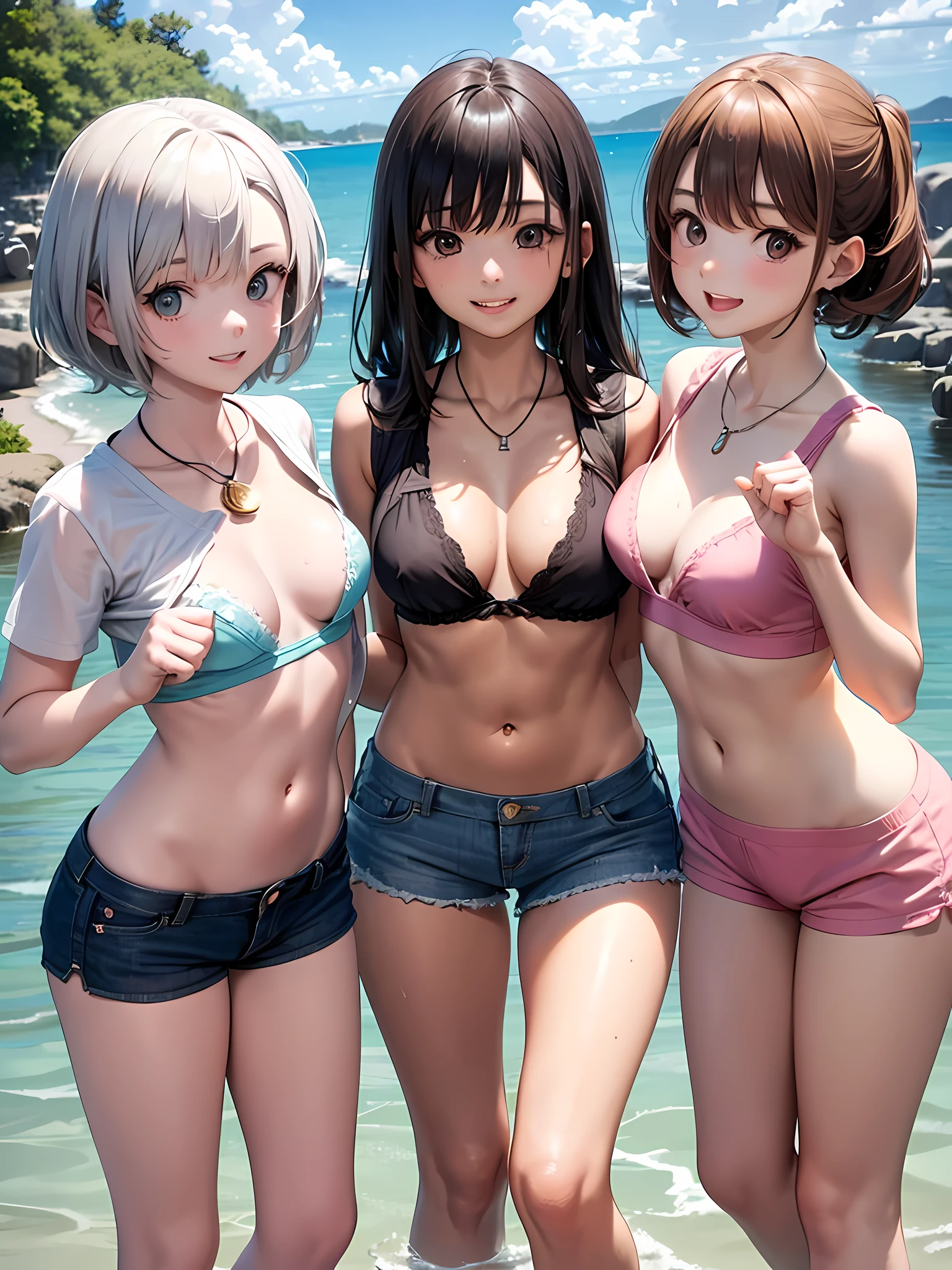 ((highest quality)), ((masterpiece)), (Cute baby girl), (3 girls:1.3), cute three girls are posing for a camera outdoors in the water, shirtをつかむ, stand side by side, (Close-up shot from the knee:1.3), perfect face, smile, (open your mouth and smile:1.3), embarrassed look, (precise fingers:1.3), hair band, head band, hair bobble, blouse, shirt, I can see your underwear, (pastel colored underwear), high resolution eyes, accurate eyes, (high resolution eyes:1.8), (High definition finger 1.8), light smile, small chest, chest, realistic, 4-year-old, , 6 years oldld, knee sockirt, Asian, Westerners, silver hair, brown hair, blonde, belly button, jewelry, looking at the viewer, necklace, water, , Wet, long hair, short hair, abs,