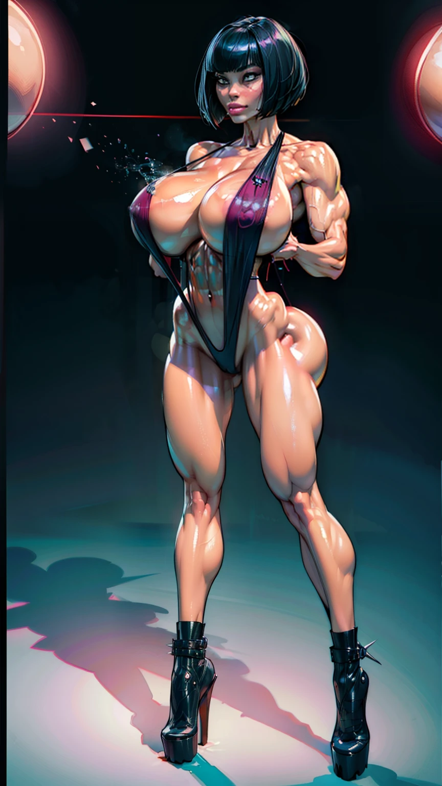 woman, bobcut, twerking, stone muscles, emanating a futuristic elegance and stone statue marvel, ((swimsuit:1.4)), ((slingshot swimsuit)), (gigantic breasts:1.5), ((muscular)), stone armband, ((exposed midriff)), detailed eyes, ((slendered abs )),((huge breasts), wide hips:1.5), (red rim lighting), side light, cinematic light, ultra high definition, 8k, film grain,best shadow, light particles, detailed skin texture, detailed face, intricate details, super detailed, bright, (spiked heel boots)