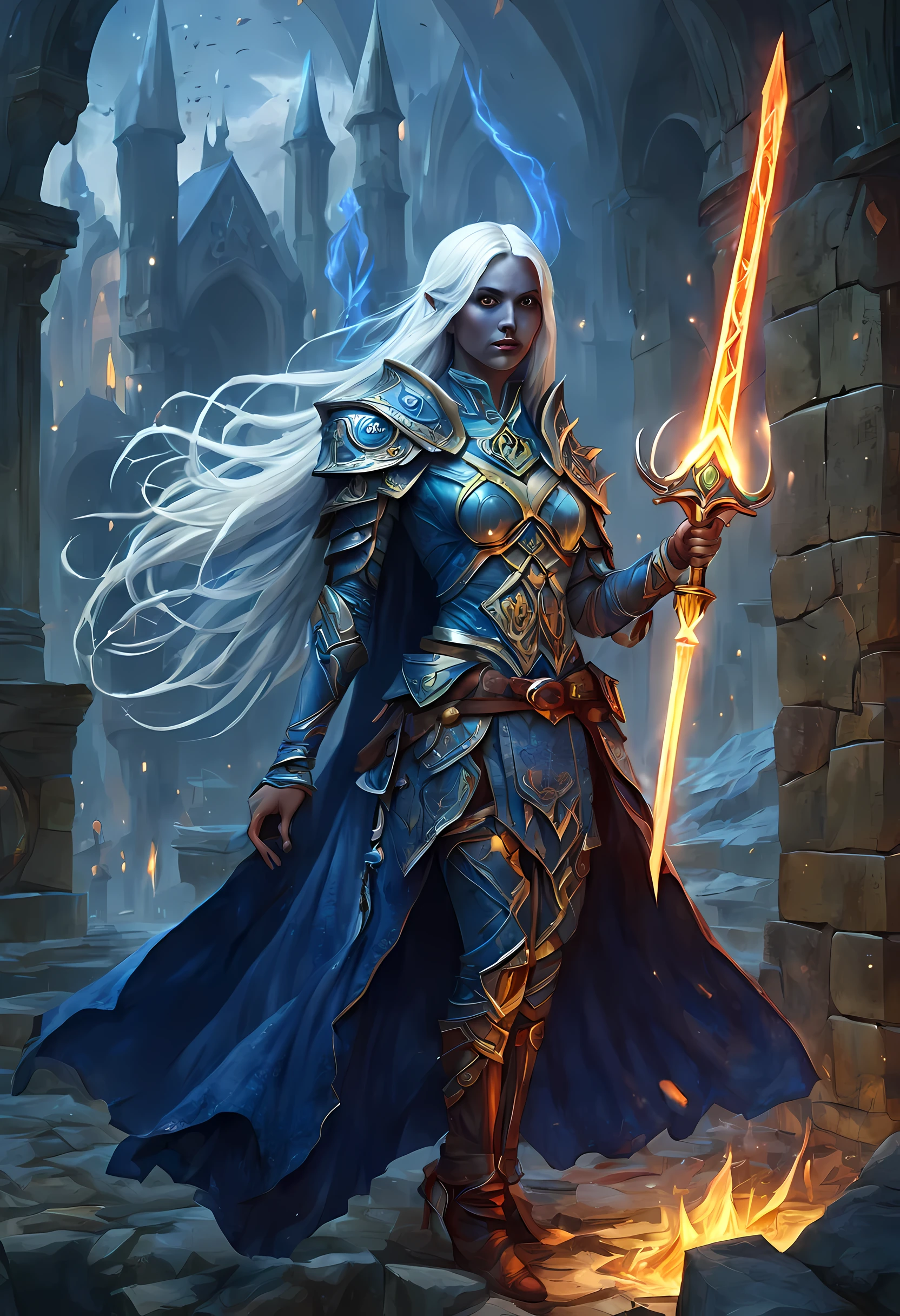 fantasy art, dnd art, RPG art, wide shot, (masterpiece: 1.4) a (portrait: 1.3) intense details, highly detailed, photorealistic, best quality, highres, portrait a female (fantasy art, Masterpiece, best quality: 1.3) ((blue skin: 1.5)), intense details facial details, exquisite beauty, (fantasy art, Masterpiece, best quality) cleric, (blue: 1.3) skinned female, white hair, long hair, (hair hides ears: 1.5), (green: 1.3) eye, fantasy art, Masterpiece, best quality) armed a fiery sword red fire, wearing heavy (white: 1.3) half plate mail armor, wearing high heeled laced boots, wearing an(orange :1.3) cloak, wearing glowing holy symbol GlowingRunes_yellow, within fantasy temple background, reflection light, high details, best quality, 16k, [ultra detailed], masterpiece, best quality, (extremely detailed), close up, ultra wide shot, photorealistic, RAW, fantasy art, dnd art, fantasy art, realistic art,((best quality)), ((masterpiece)), (detailed), perfect face,