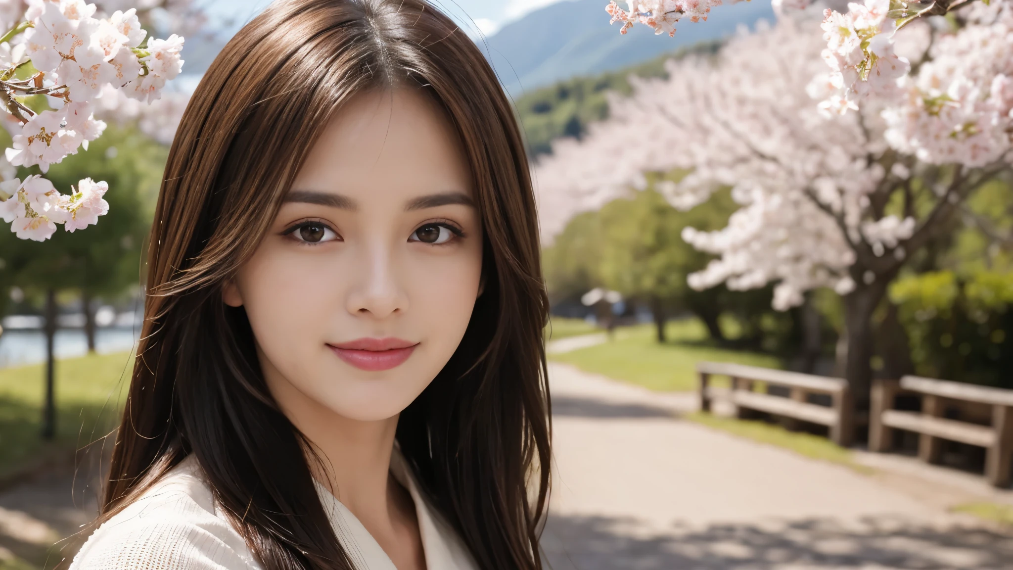 masterpiece, Best Quality, Photorealistic, Ultra-detailed, finely detailed, High resolution, 8K Wallpaper, 1 beautiful woman, light brown hair, foco nítido, Perfect dynamic composition, Beautiful detailed eyes, detailed hairs, Detailed realistic skin texture, Smiling, portrait, Model body type, Take a walk in the park with cherry blossoms and Fuji mountain background,