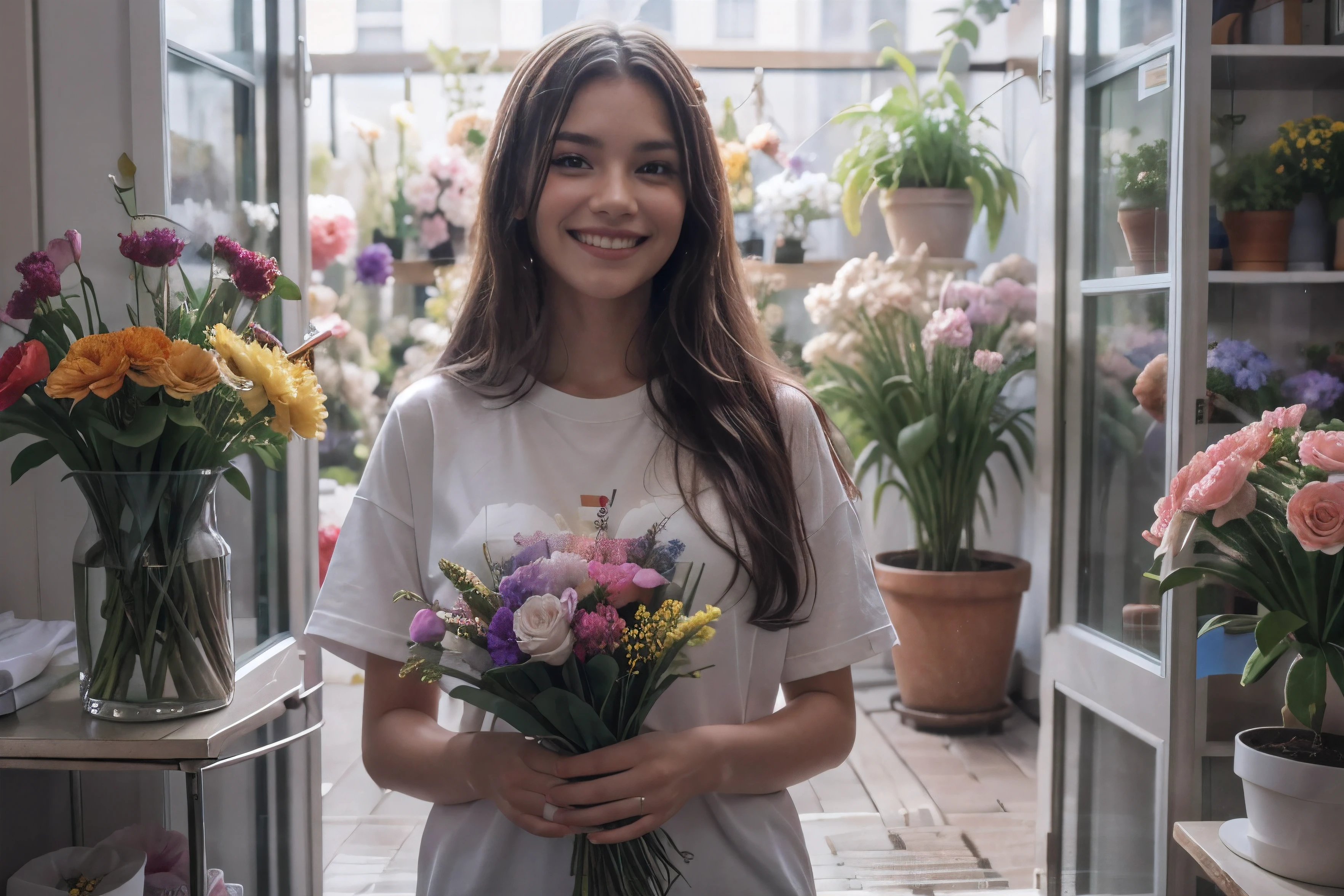 best quality、ultra high resolution、Full body female love、beautiful，outside the window, in heavy rain，Girl working in a flower shop、Different potted plants、Many flowers，Wear a boyfriend style loose T-shirt，long hair，Bouquet is being made、Florist background， cute happy smile