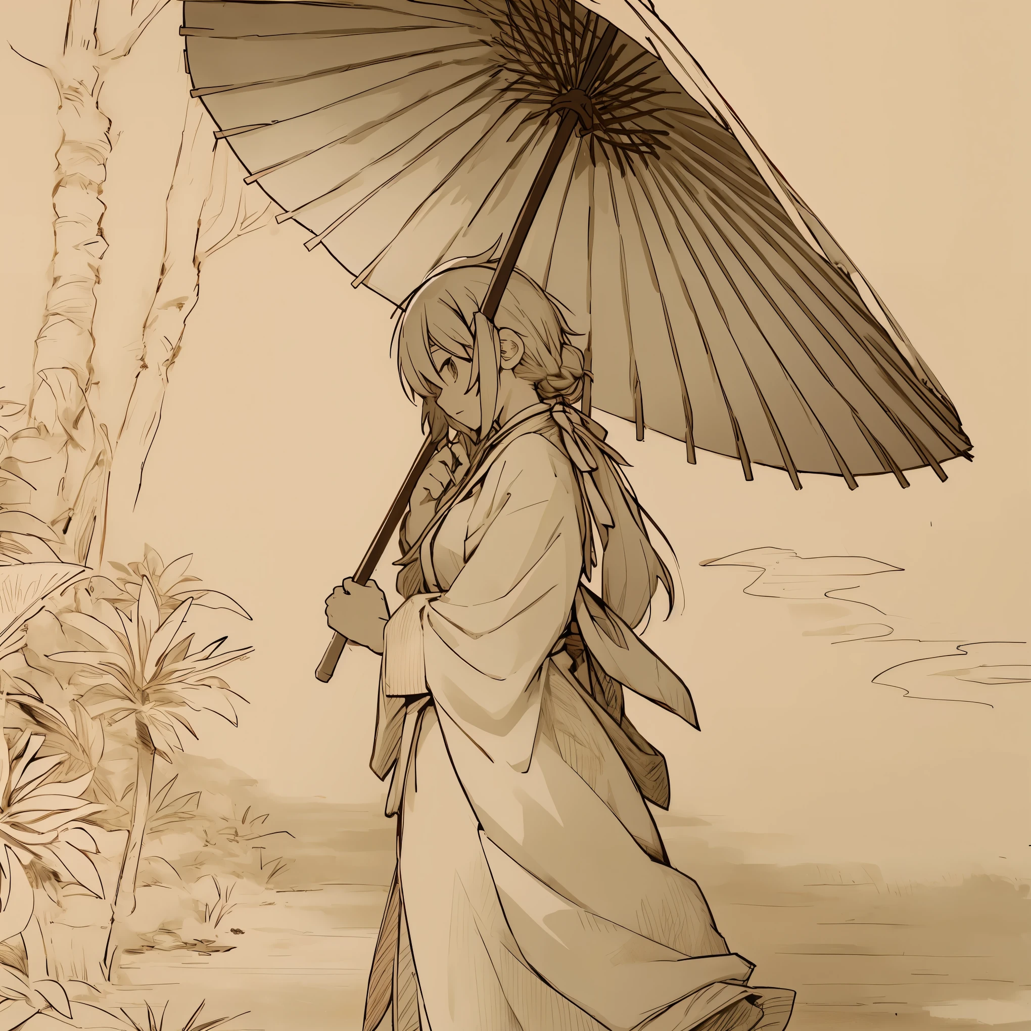 A woman holding a higasa parasol drawn over a kakejiku rolled scroll,