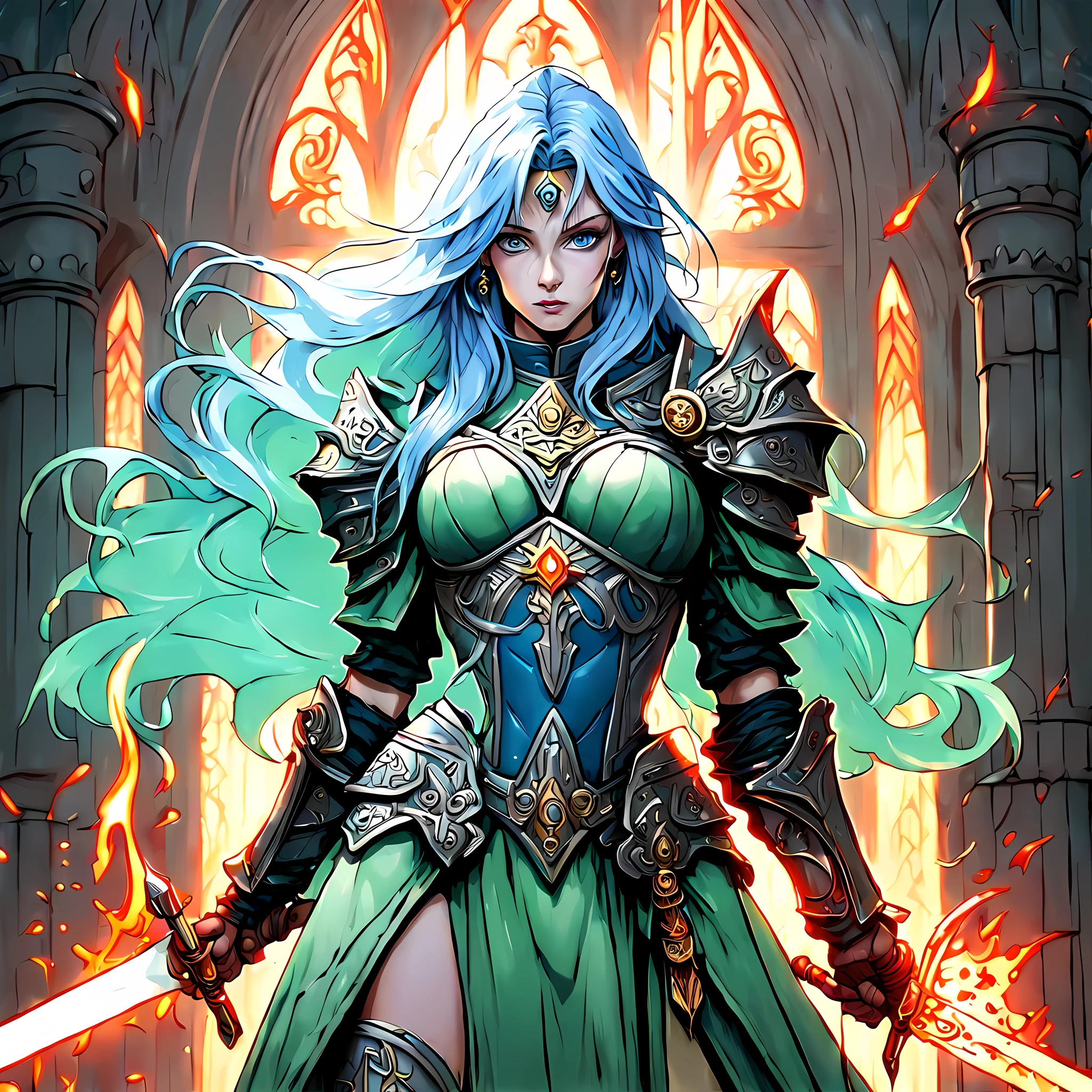 fantasy art, dnd art, RPG art, wide shot, (masterpiece: 1.4) a (portrait: 1.3) intense details, highly detailed, photorealistic, best quality, highres, portrait a female (fantasy art, Masterpiece, best quality: 1.3) ((blue skin: 1.5)), intense details facial details, exquisite beauty, (fantasy art, Masterpiece, best quality) cleric, (blue: 1.3) skinned female, white hair, long hair, (hair hides ears: 1.5), (green: 1.3) eye, fantasy art, Masterpiece, best quality) armed a fiery sword red fire, wearing heavy (white: 1.3) half plate mail armor, wearing high heeled laced boots, wearing an(orange :1.3) cloak, wearing glowing holy symbol GlowingRunes_yellow, within fantasy temple background, reflection light, high details, best quality, 16k, [ultra detailed], masterpiece, best quality, (extremely detailed), close up, ultra wide shot, photorealistic, RAW, fantasy art, dnd art, fantasy art, realistic art,((best quality)), ((masterpiece)), (detailed), perfect face, 