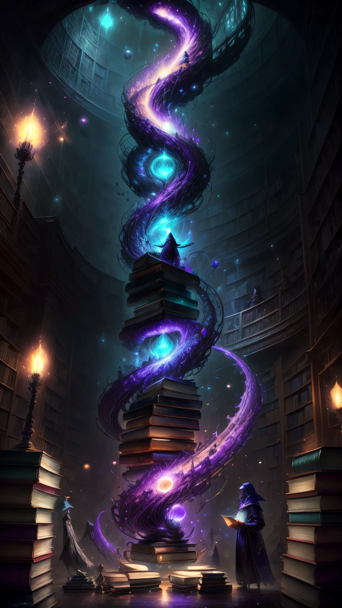 image of a wizard man standing in a magical library with books, endless books, borne space library artwork, books cave, fantasy book illustration, spiral shelves full of books, infinite celestial library, an eternal library, gothic epic library concept, magic library, japanese sci - fi books art, beeple and jean giraud, books all over the place