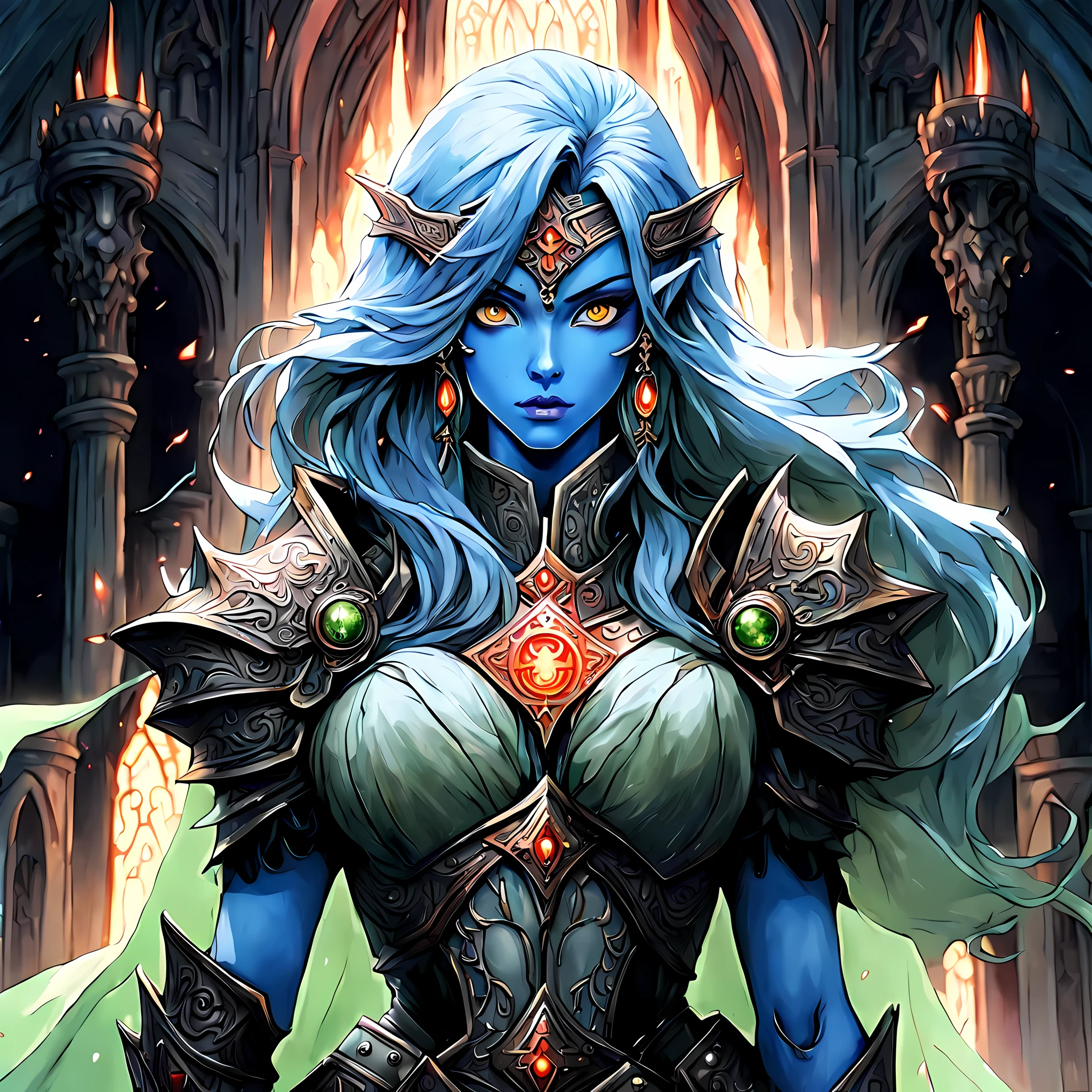 fantasy art, dnd art, RPG art, wide shot, (masterpiece: 1.4) a (portrait: 1.3) intense details, highly detailed, photorealistic, best quality, highres, portrait a female (fantasy art, Masterpiece, best quality: 1.3) ((blue skin: 1.5)), intense details facial details, exquisite beauty, (fantasy art, Masterpiece, best quality) cleric, (blue: 1.3) skinned female, white hair, long hair, (hair hides ears: 1.5), (green: 1.3) eye, fantasy art, Masterpiece, best quality) armed a fiery sword red fire, wearing heavy (white: 1.3) half plate mail armor, wearing high heeled laced boots, wearing an(orange :1.3) cloak, wearing glowing holy symbol GlowingRunes_yellow, within fantasy temple background, reflection light, high details, best quality, 16k, [ultra detailed], masterpiece, best quality, (extremely detailed), close up, ultra wide shot, photorealistic, RAW, fantasy art, dnd art, fantasy art, realistic art,((best quality)), ((masterpiece)), (detailed), perfect face, 
