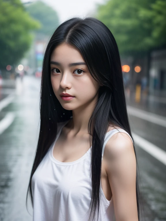 Highest image quality、8K、boring look、look down、casual fashion，16 years old，delicate body，small breasts，black haired，long hair，street corner、Upper body、turn around、rain