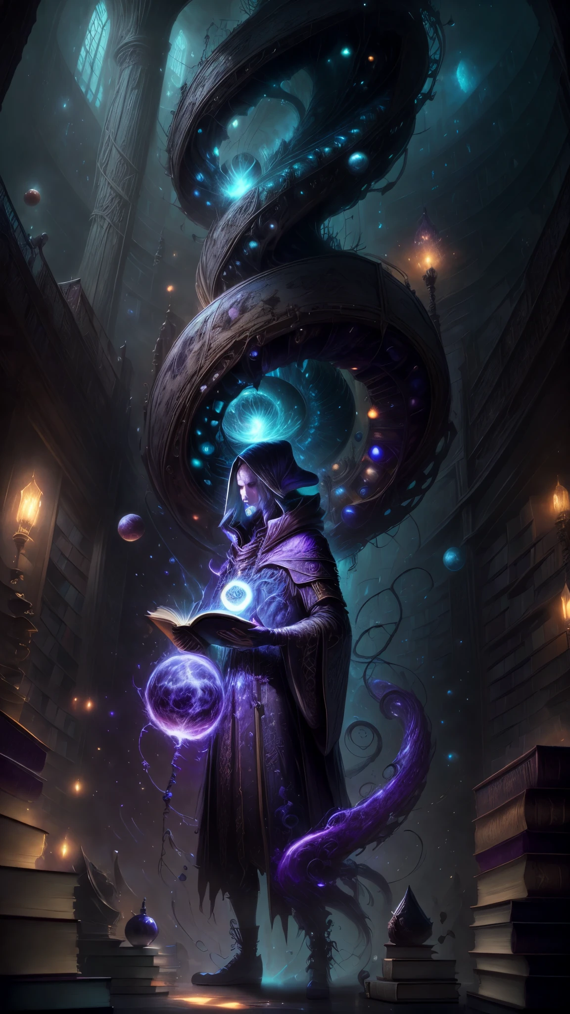 image of a wizard man standing in a magical library with books, endless books, borne space library artwork, books cave, fantasy book illustration, spiral shelves full of books, infinite celestial library, an eternal library, gothic epic library concept, magic library, japanese sci - fi books art, beeple and jean giraud, books all over the place