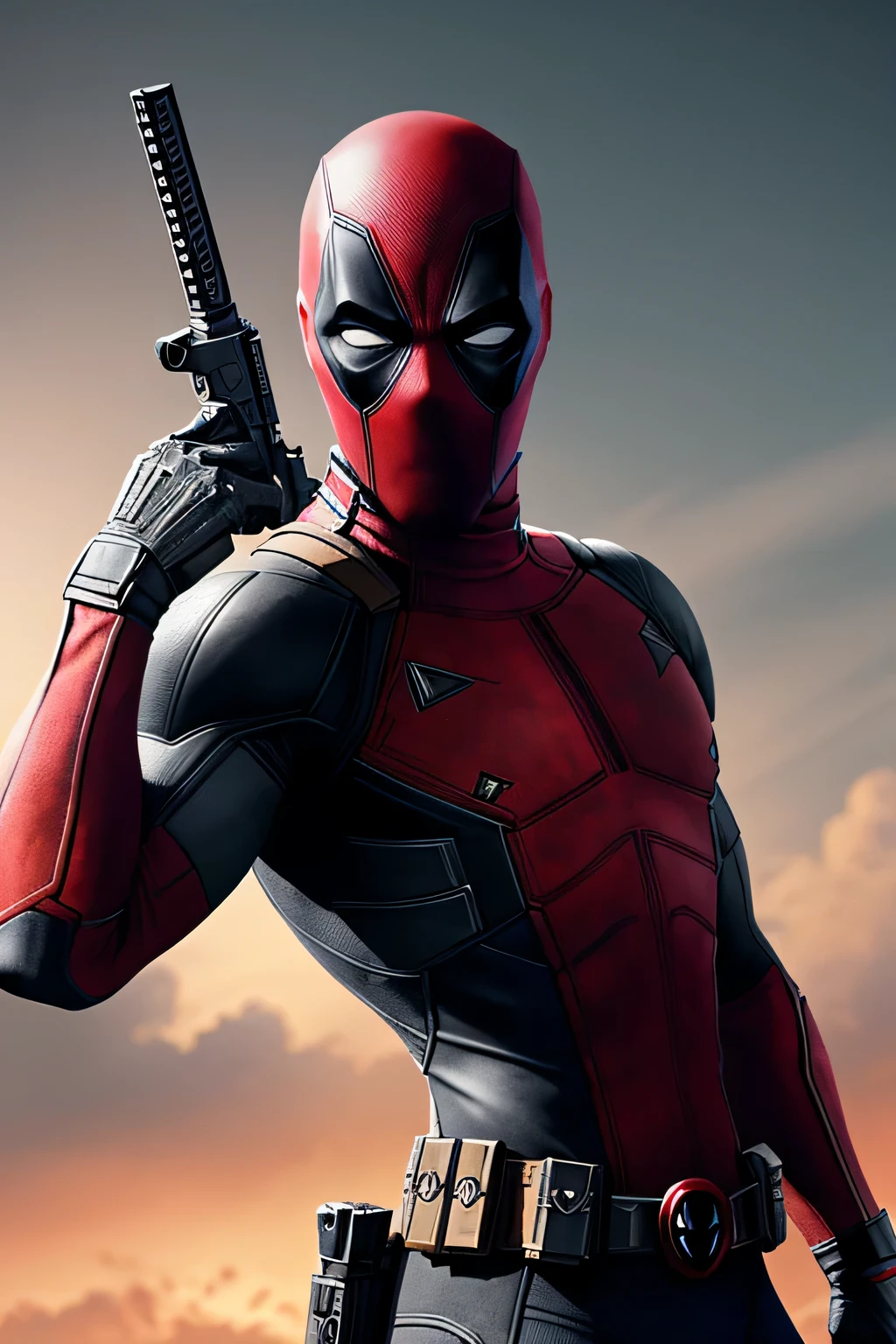 (8k, Foto em formato RAW, melhor qualidade, obra-prima: 1.2), um close de um, ultradetalhado, artes oficiais, fotorrealista:1.37, tiro no rosto da parte superior do corpo, Marvel Deadpool, film grain, action pose