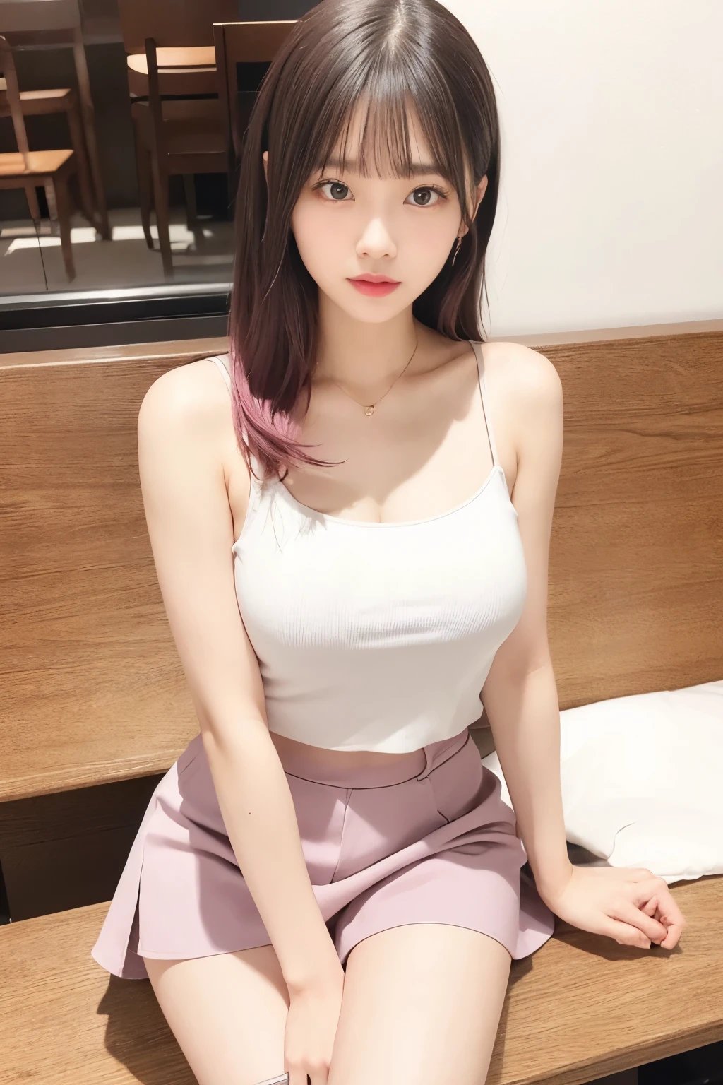 Photo of Japanese woman in cafe sitting at table with coffee window sunlight, pink hair, dynamic and bold pose, skin texture, white skin, shiny skin, (big breasts 1.1),(slim,:1.2), [:(focus clearly on the face, detailed face, perfect eyes, looking at the viewer:1.2):0.2], realistic, film grain, highest quality, masterpiece ,White see-through camisole:1.2,A short skirt that shows off your legs:1.2
