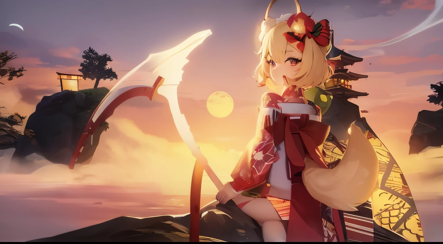 blonde anime girl in a kimono outfit with a scyther, have cute brown (dog ears and tail), looking off into the sunset, ((sunset)), hanayamata, small curvy , realistic anime 3 d style, anime moe artstyle, vrchat, , anime style. 8k, stylized anime, render of april, shikamimi