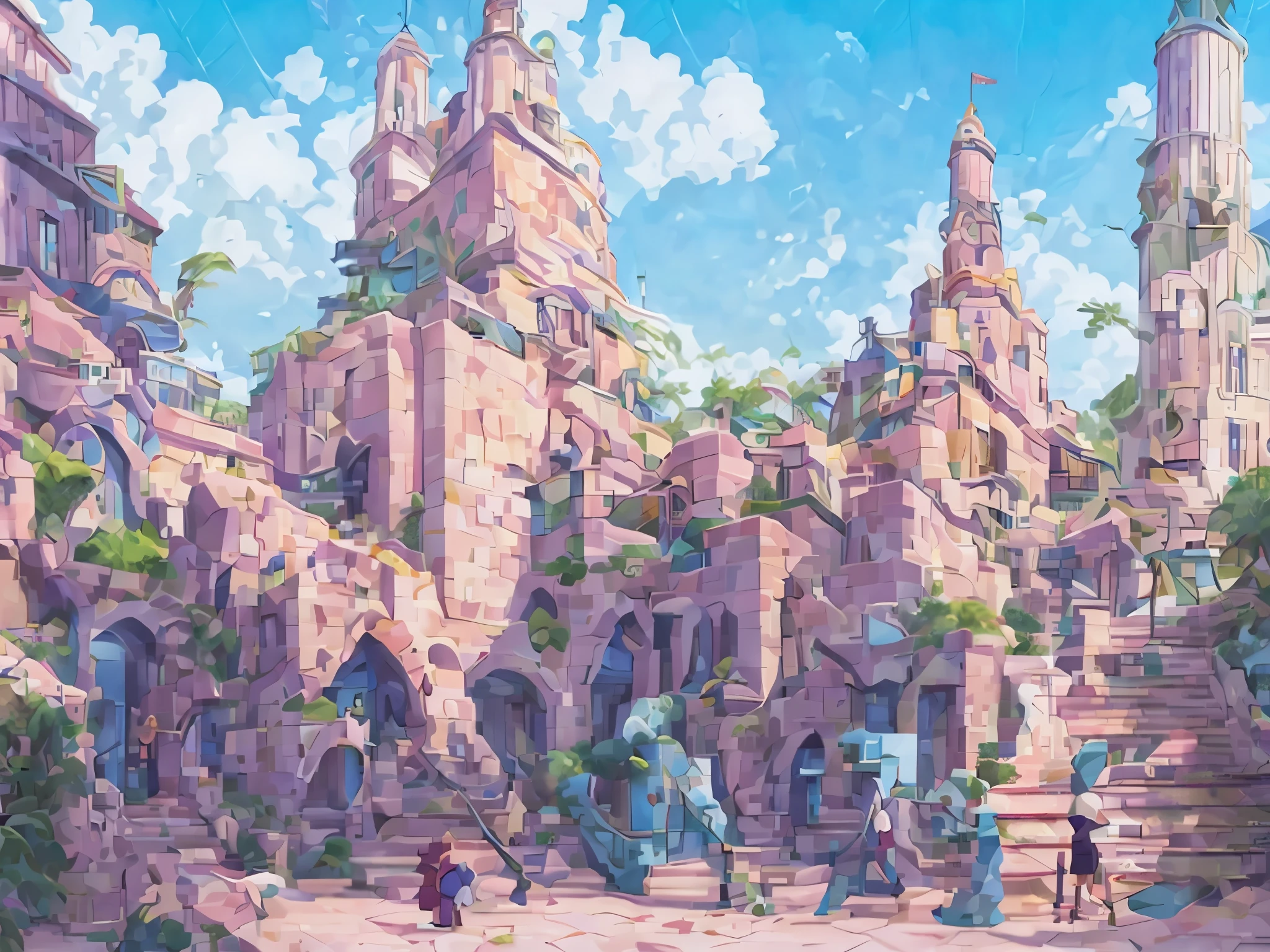 painting of a stairway leading to a building with a clock tower, anime scenery concept art, hirohiko araki art, ghibli studio art, studio ghibli smooth concept art, studio ghibli concept art, studio ghibli environment, rio de janeiro in an anime film, hirohiko araki artwork, outdoors tropical cityscape, by Yanagawa Nobusada, ghibli studio anime style