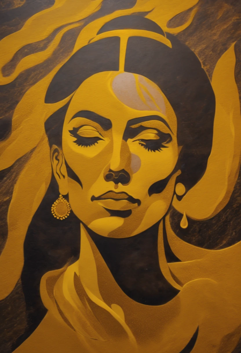 weeping woman, up close, gold drips, <lora:SDXLStencilStyleFAE:0.8> stencil style