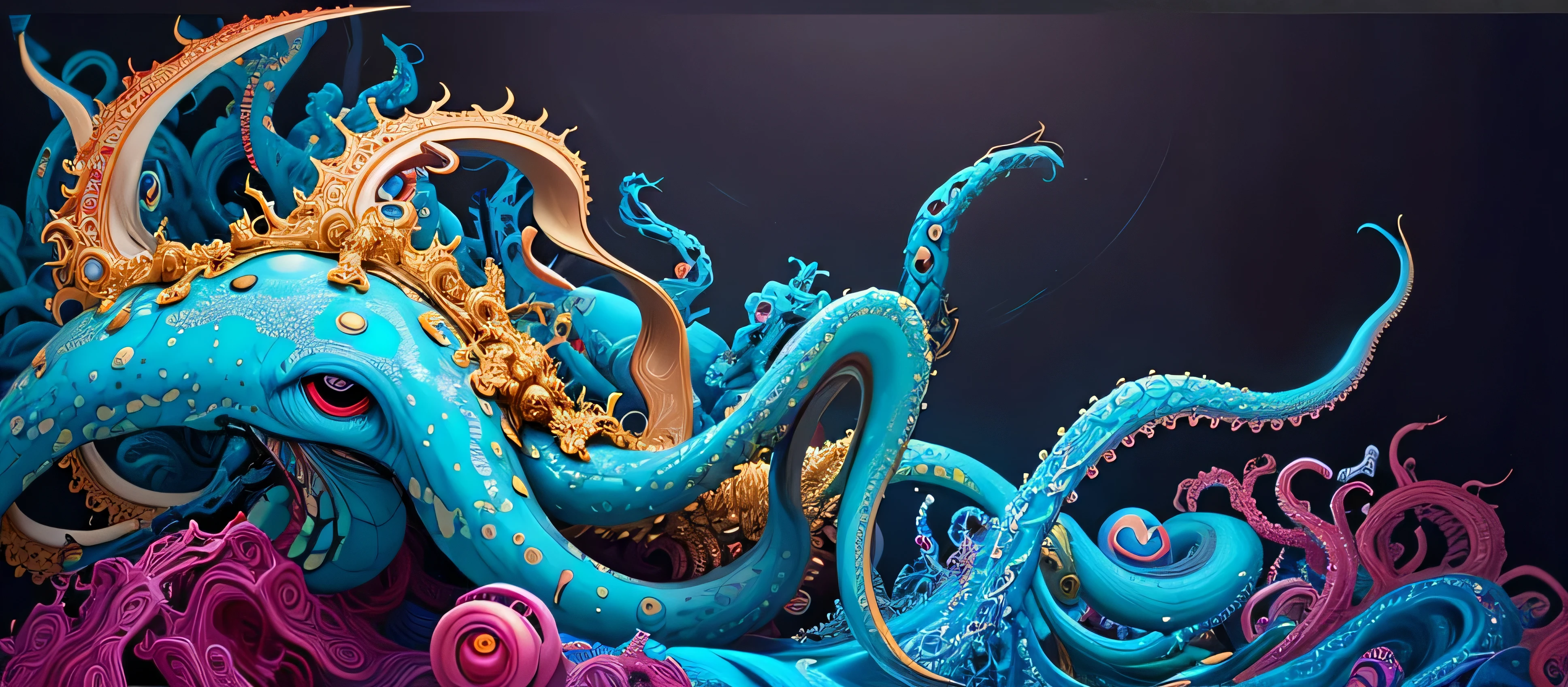 painting of a giant octopus with a chain around its neck, aesthetics of art nychos, estilo e mumford e alex grey, Nychos, James Jean!!!, James Jean Arte, estilo James Jean, James Jean Artework, vivid tentacles, Tiago Jean ", detalhes finos. anime. tentacles, tentacles in universe, James Jean!, James Nares, inspirado em James Jean