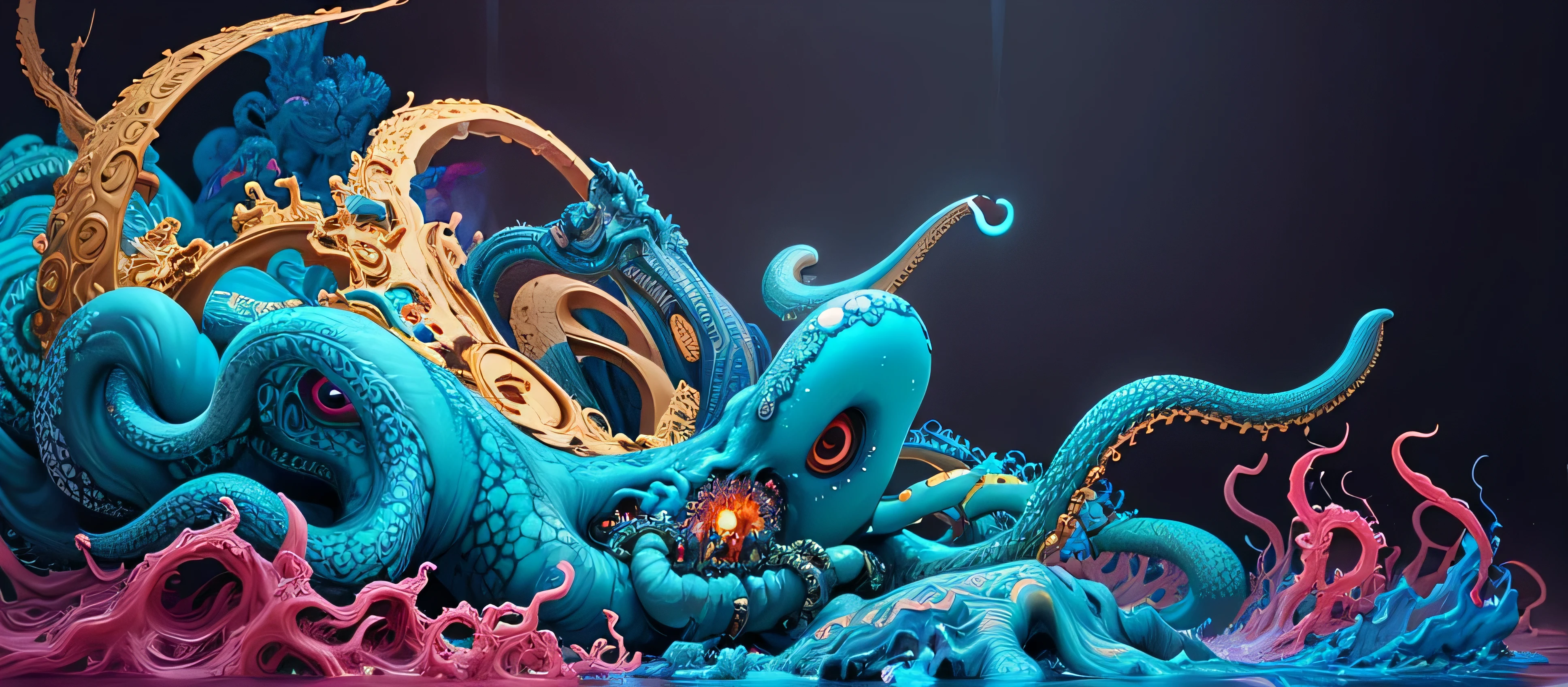 painting of a giant octopus with a chain around its neck, aesthetics of art nychos, estilo e mumford e alex grey, Nychos, James Jean!!!, James Jean Arte, estilo James Jean, James Jean Artework, vivid tentacles, Tiago Jean ", detalhes finos. anime. tentacles, tentacles in universe, James Jean!, James Nares, inspirado em James Jean