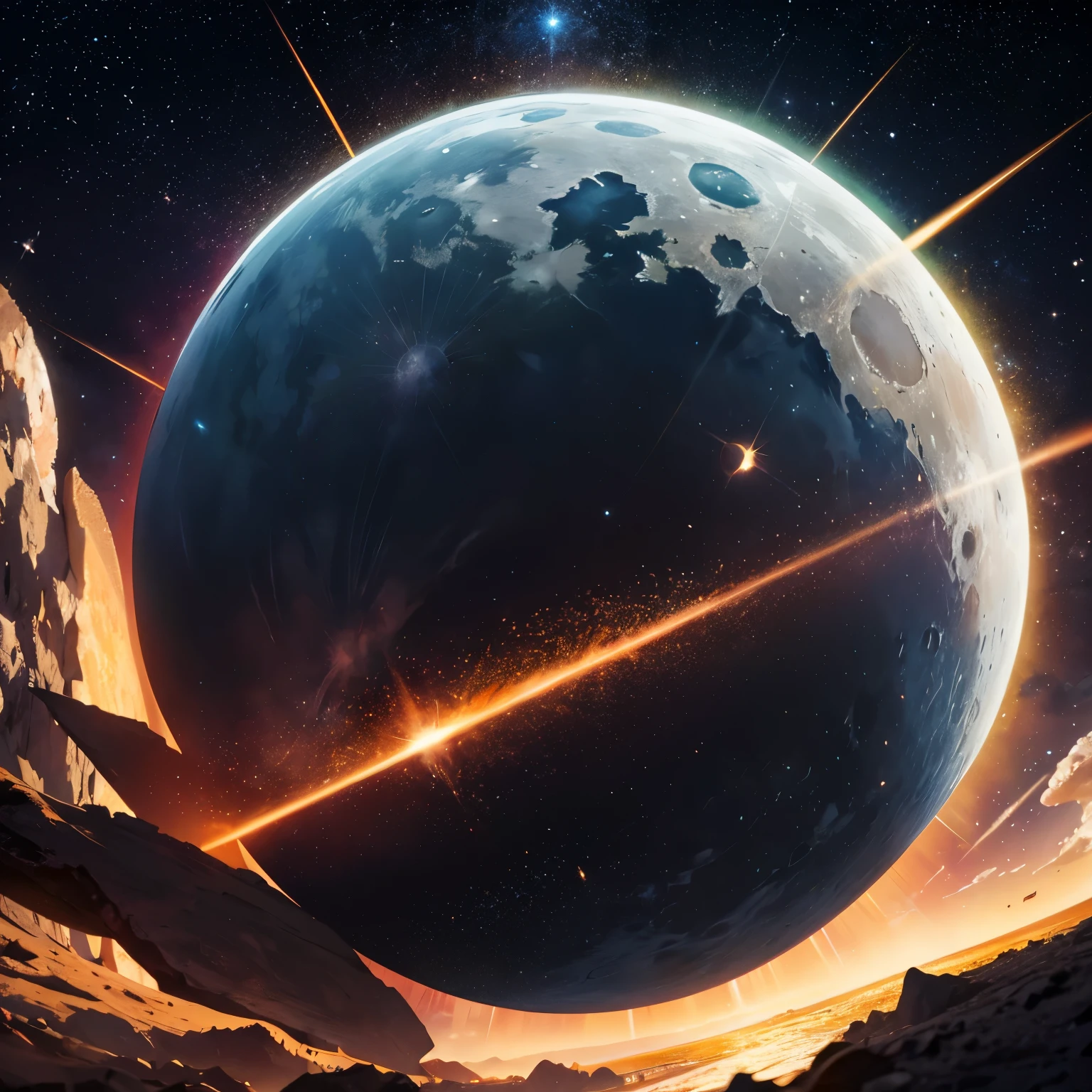 un cometa de color naranja con una gran cola de fuego se dirige hacia una luna negra y la impacta partiendola en 3 pedazos
