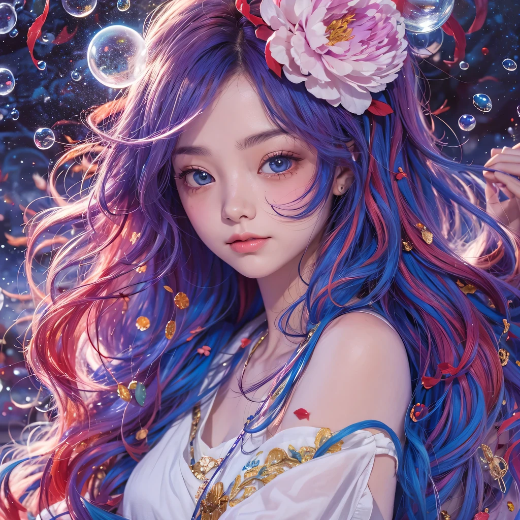 Yellow blue colors，enamel，agate，A flesh-colored world，Blood Blue Maiden 32k（masterpiece，HD，Aoyama Pond，超HD，32k）long flowing bright blue hair，blood pool，Ziddink， a color，grumpy （After greeting）， （Linen scarf）， fighting stance， looking at the ground， long white hair， Floating bright blue， Fire cloud gold headdress， Chinese long-sleeved gold silk burgundy garment， （Abstract metaverse splash：1.2）， White background，Peony flower vitality protector（realistically：1.4），bright purple hair，Smoke on the road，The background is very pure， high resolution， detail， RAW photos， Sharp Re， Nikon D850 film photo by Jefferies Lee 4 Kodak Portra 400 camera F1.6 guns, colorful, Ultra-realistic and vivid textures, dramatic lighting, Unreal Engine Art Station Trend, Sinest 800，一个有着long flowing bright blue hair的女孩，huge colorful bubbles