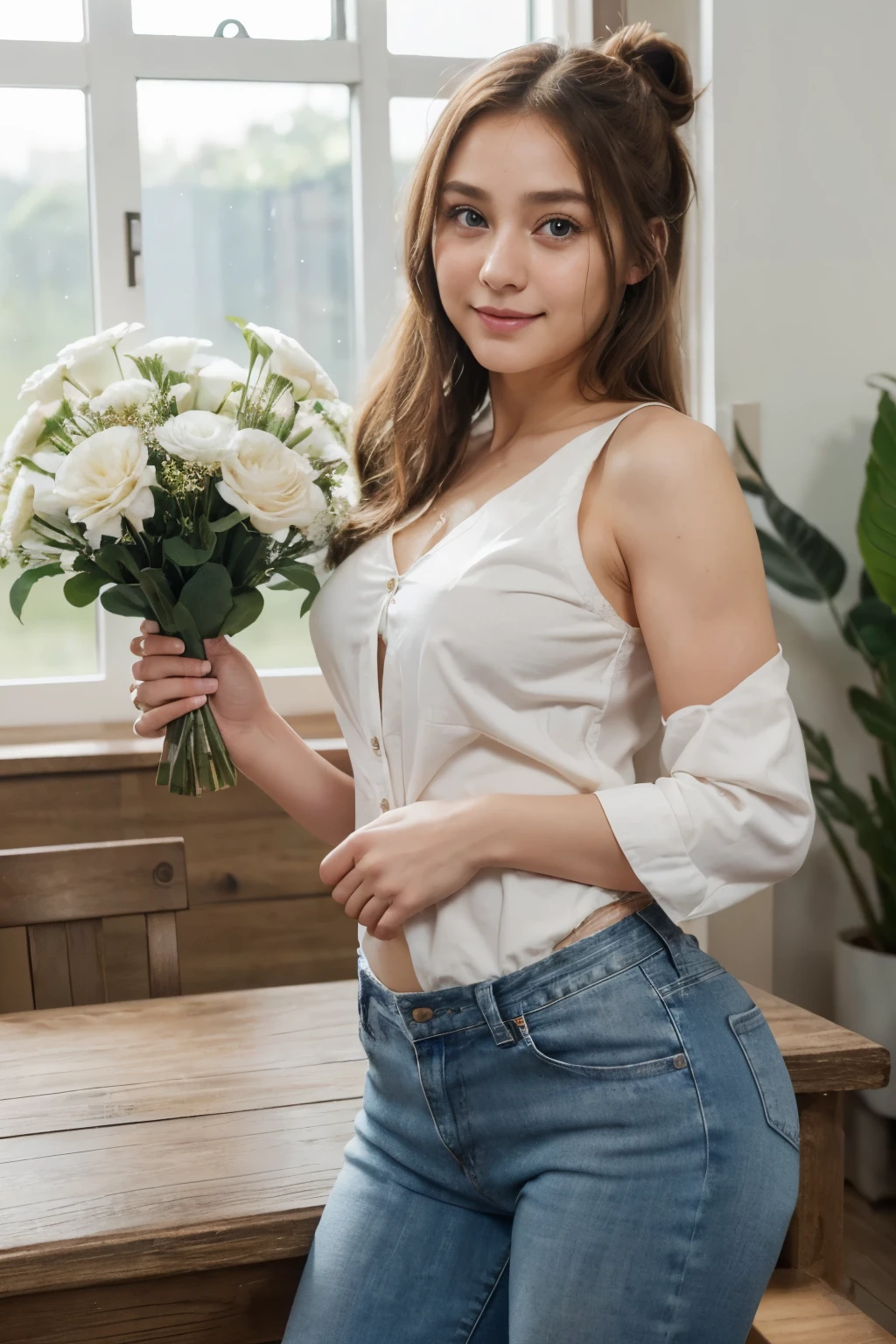 (on the table, The art of math, digital illustration, 4K, 8k, Super detailed, nice images, clear image, lifelike, original photo, perfect face, perfect lines, perfect eyes, soft light) 1 female, (light brown hair,bun,innocent look,drooping eyebrows,tearful eyes,round face,Round jaws、Innocence,cute little,big eyes,natural makeup,smile kindly,E cup,23 is a novel:1.3),Two handsome guys in suits, (Humanity,man in suit,muscular,Shoulders broad and firm, Masculine hairstyle,man in his 30s,cold expression,28 year old man,Smile brightly:1.2),flower shop,在一家flower shop的店面里,Flower and Grass Hall,Colorful flowers,many flowers、skinny jeans,White shirt,(nervous,shy,Sleepy,Embarrassment comes from:1.1),the kiss、kiss、a couple、couple kissing、romantic、smile slightly、充满光线的flower shop,Pitiful、Cheek staining、