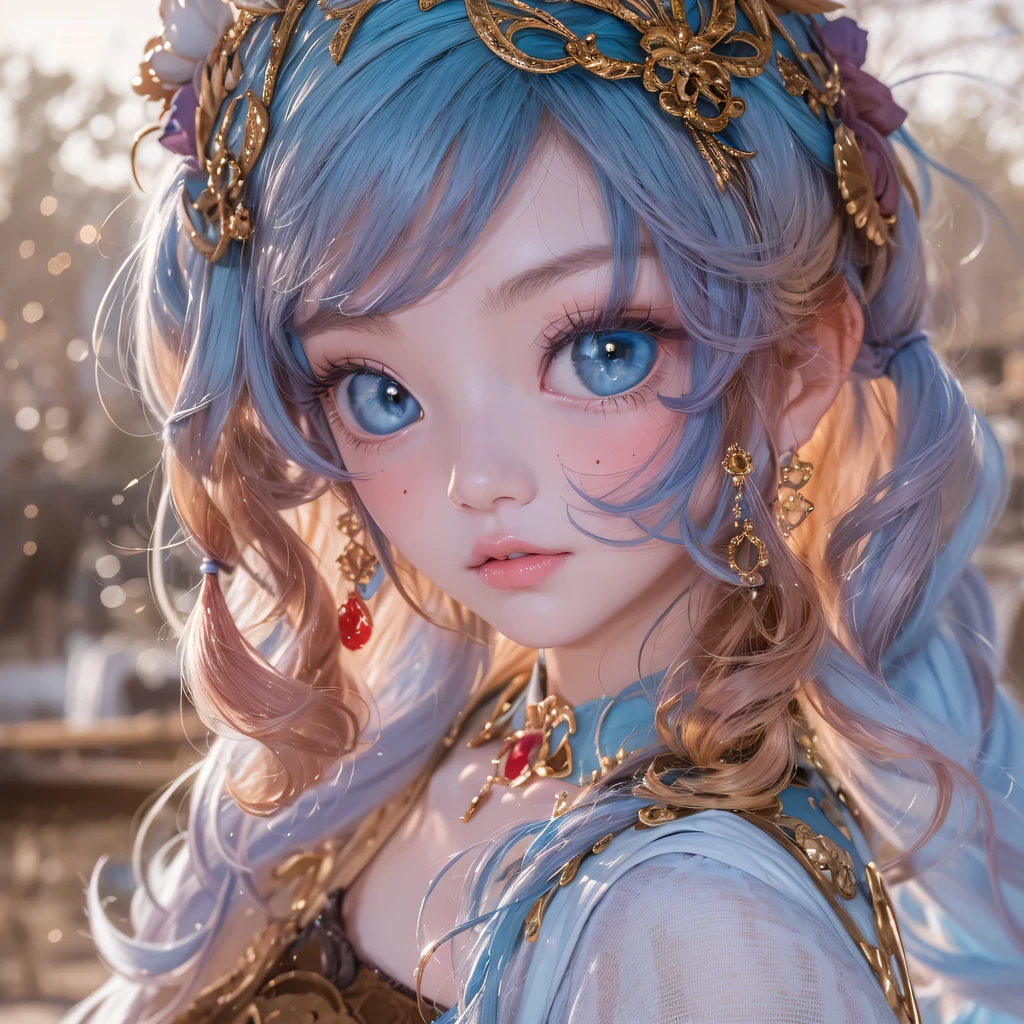 Yellow blue colors,enamel,agate,A flesh-colored world,Blood Blue Maiden 32k(masterpiece,HD,Aoyama Pond,超HD,32k)long flowing bright blue hair,blood pool,Ziddink, a color,grumpy (After greeting), (Linen scarf), fighting stance, looking at the ground, long white hair, Floating bright blue, Fire cloud gold headdress, Chinese long-sleeved gold silk burgundy garment, (Abstract metaverse splash:1.2), White background,Peony flower vitality protector(realistically:1.4),bright purple hair,Smoke on the road,The background is very pure, high resolution, detail, RAW photos, Sharp Re, Nikon D850 film photo by Jefferies Lee 4 Kodak Portra 400 camera F1.6 guns, colorful, Ultra-realistic and vivid textures, dramatic lighting, Unreal Engine Art Station Trend, Sinest 800,一个有着long flowing bright blue hair的女孩,huge colorful bubbles