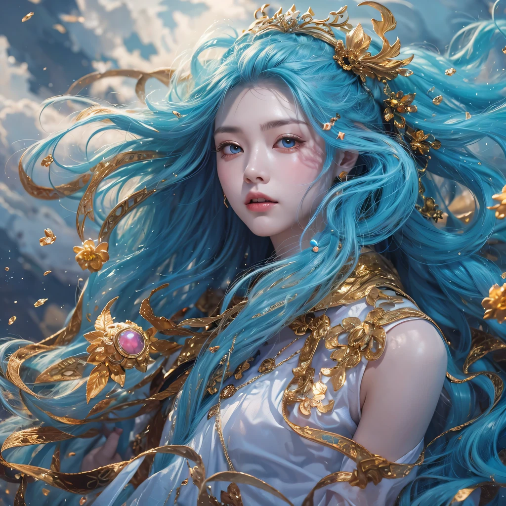 Yellow blue colors,enamel,agate,A flesh-colored world,Blood Blue Maiden 32k(masterpiece,HD,Aoyama Pond,超HD,32k)long flowing bright blue hair,blood pool,Ziddink, a color,grumpy (After greeting), (Linen scarf), fighting stance, looking at the ground, long white hair, Floating bright blue, Fire cloud gold headdress, Chinese long-sleeved gold silk burgundy garment, (Abstract metaverse splash:1.2), White background,Peony flower vitality protector(realistically:1.4),bright purple hair,Smoke on the road,The background is very pure, high resolution, detail, RAW photos, Sharp Re, Nikon D850 film photo by Jefferies Lee 4 Kodak Portra 400 camera F1.6 guns, colorful, Ultra-realistic and vivid textures, dramatic lighting, Unreal Engine Art Station Trend, Sinest 800,一个有着long flowing bright blue hair的女孩,huge colorful bubbles