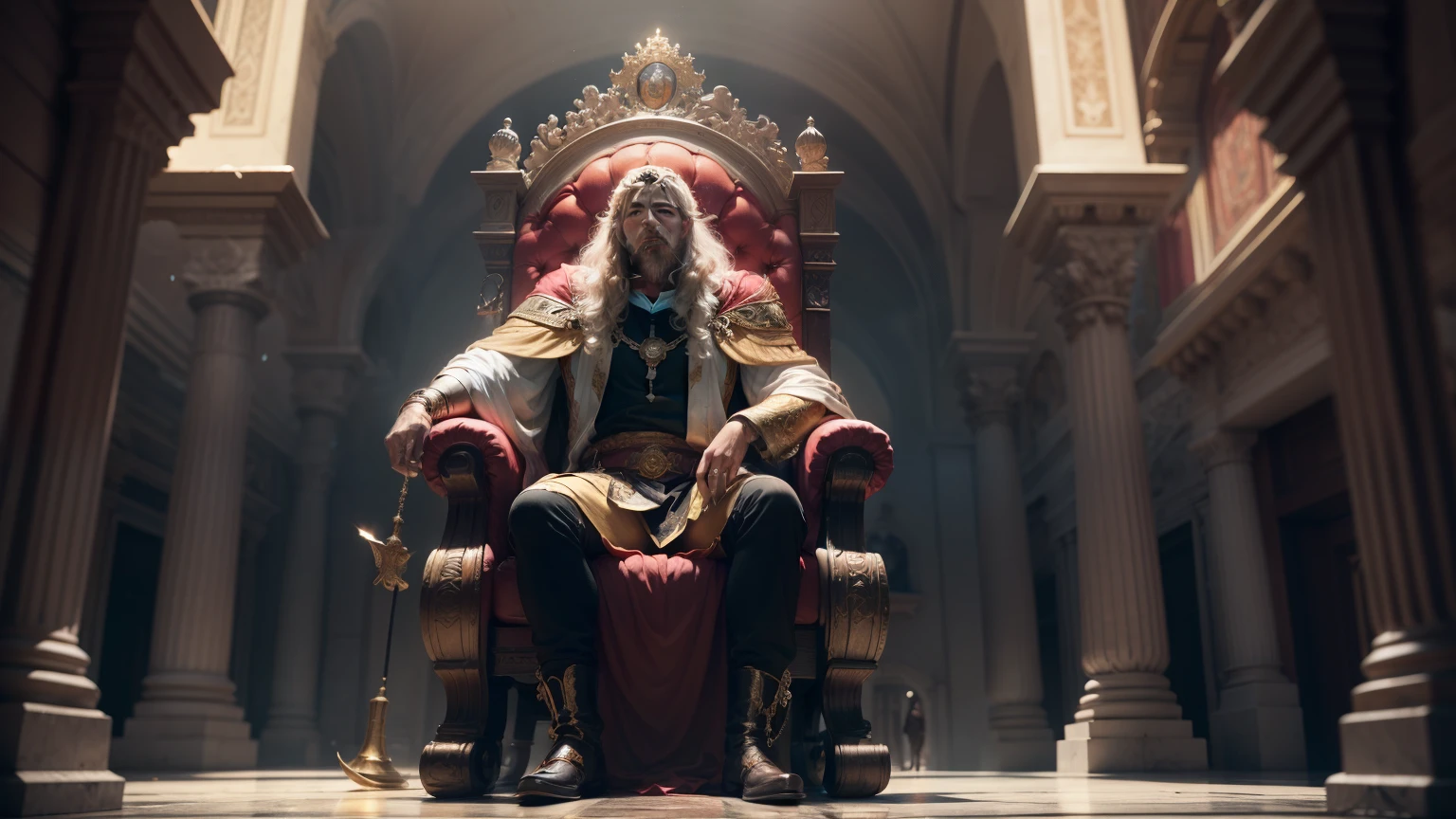 Biblical King Solomon, sentado no trono, Cinematic 8k and dark background
