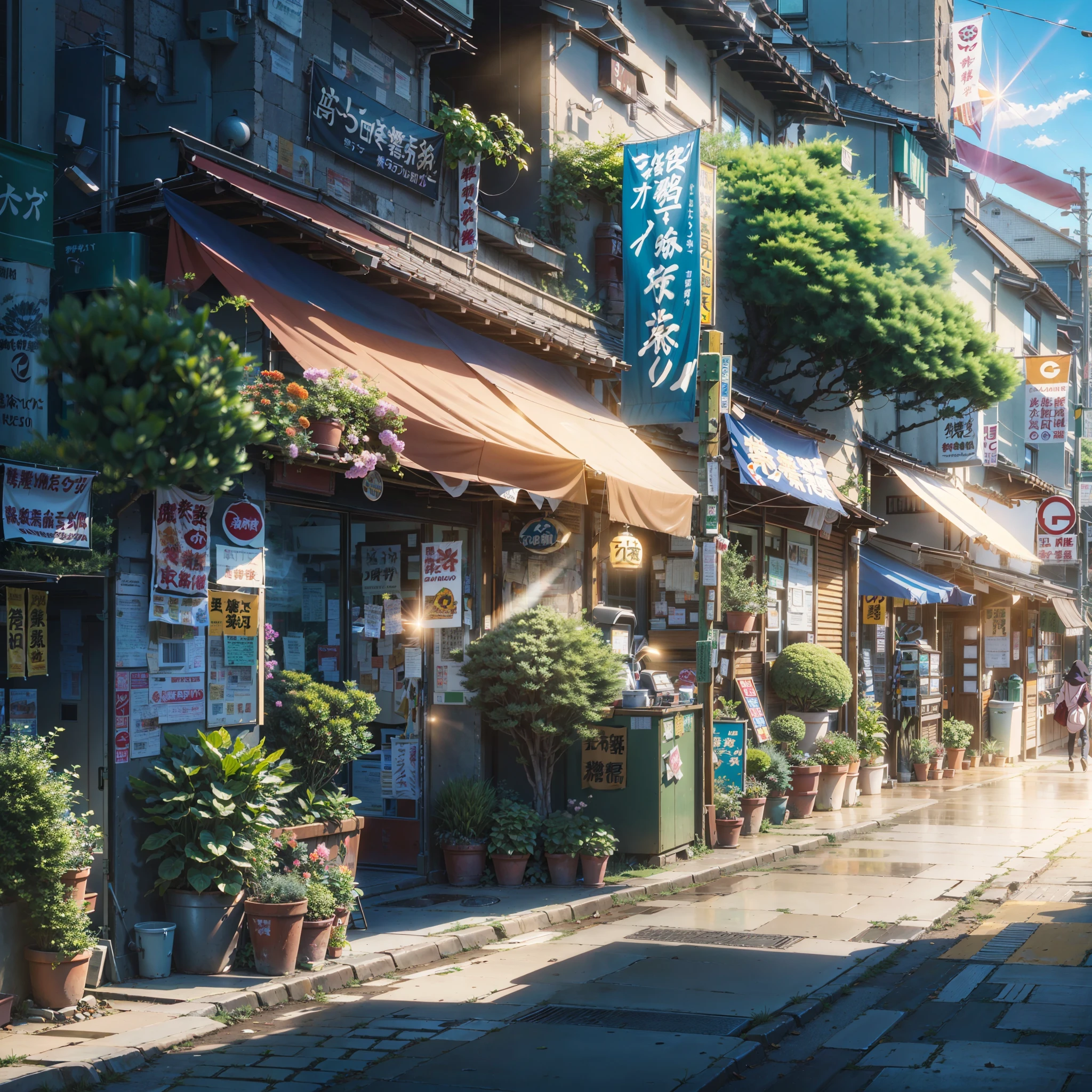 high detail, anime, anime style, sparkle, cinematic lighting, god rays, glowing light, reflection light, close-up, lens flare, masterpiece, high details, best quality, super detail, high quality, anime background, anime wallpaper, sunny weather, bright blue sky, dramatic lighting, narrow japanese urban alleyway, japanese shop signs, japanese signs, japanese banners, banners, plant pots, plants, trees, grass, cobble path, trash cans