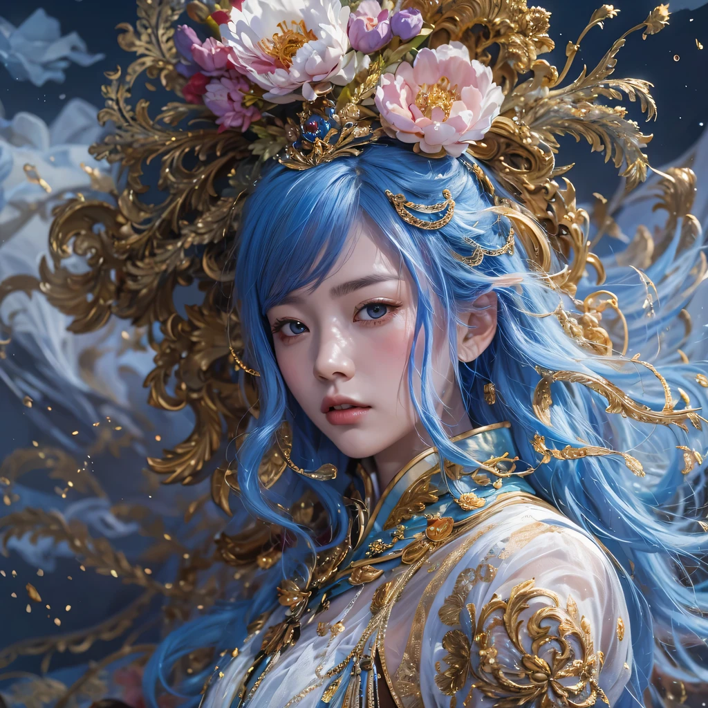 Yellow blue colors,enamel,agate,A flesh-colored world,Blood Blue Maiden 32k(masterpiece,HD,Aoyama Pond,超HD,32k)long flowing bright blue hair,blood pool,Ziddink, a color,grumpy (After greeting), (Linen scarf), fighting stance, looking at the ground, long white hair, Floating bright blue, Fire cloud gold headdress, Chinese long-sleeved gold silk burgundy garment, (Abstract metaverse splash:1.2), White background,Peony flower vitality protector(realistically:1.4),bright purple hair,Smoke on the road,The background is very pure, high resolution, detail, RAW photos, Sharp Re, Nikon D850 film photo by Jefferies Lee 4 Kodak Portra 400 camera F1.6 guns, colorful, Ultra-realistic and vivid textures, dramatic lighting, Unreal Engine Art Station Trend, Sinest 800,一个有着long flowing bright blue hair的女孩,huge colorful bubbles