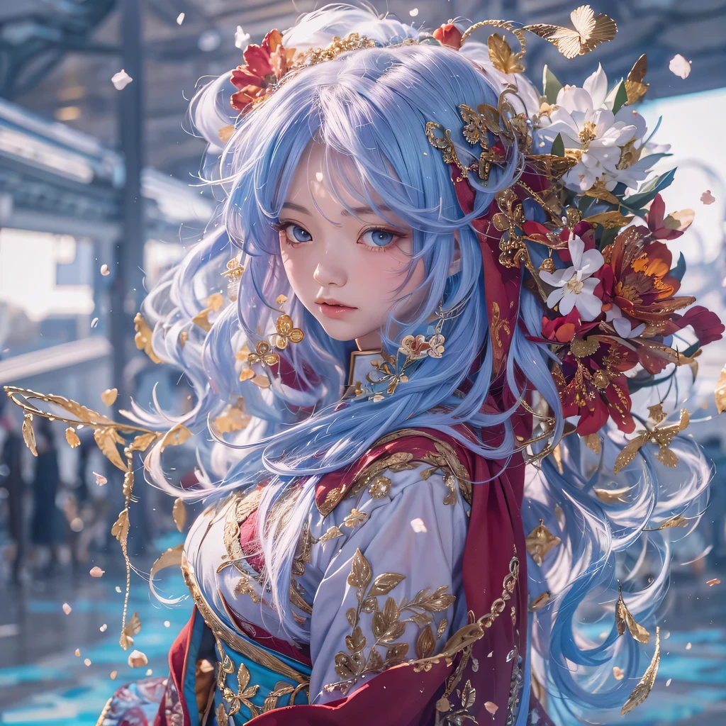Yellow blue colors，enamel，agate，A flesh-colored world，Blood Blue Maiden 32k（masterpiece，HD，Aoyama Pond，超HD，32k）long flowing bright blue hair，blood pool，Ziddink， a color，grumpy （After greeting）， （Linen scarf）， fighting stance， looking at the ground， long white hair， Floating bright blue， Fire cloud gold headdress， Chinese long-sleeved gold silk burgundy garment， （Abstract metaverse splash：1.2）， White background，Peony flower vitality protector（realistically：1.4），bright purple hair，Smoke on the road，The background is very pure， high resolution， detail， RAW photos， Sharp Re， Nikon D850 film photo by Jefferies Lee 4 Kodak Portra 400 camera F1.6 guns, colorful, Ultra-realistic and vivid textures, dramatic lighting, Unreal Engine Art Station Trend, Sinest 800，一个有着long flowing bright blue hair的女孩，huge colorful bubbles