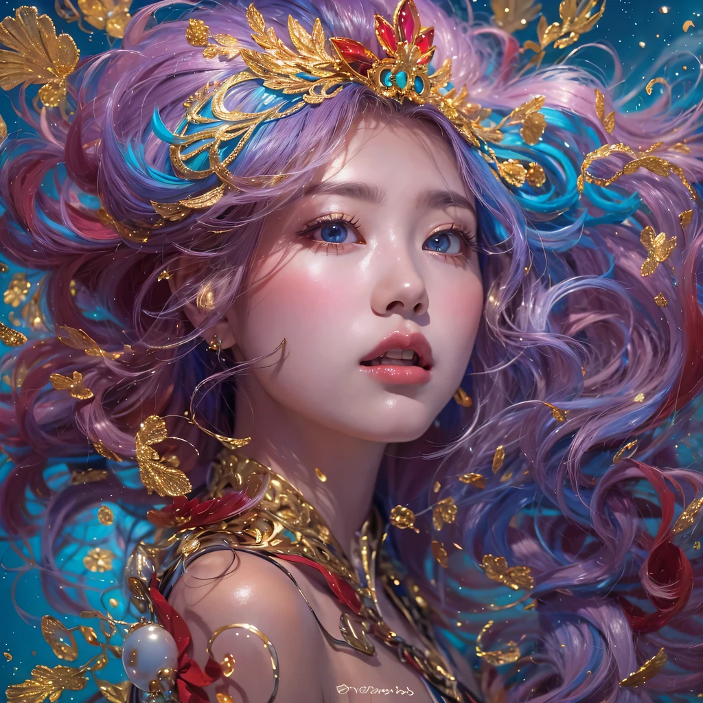 Yellow blue colors,enamel,agate,A flesh-colored world,Blood Blue Maiden 32k(masterpiece,HD,Aoyama Pond,超HD,32k)long flowing bright blue hair,blood pool,Ziddink, a color,grumpy (After greeting), (Linen scarf), fighting stance, looking at the ground, long white hair, Floating bright blue, Fire cloud gold headdress, Chinese long-sleeved gold silk burgundy garment, (Abstract metaverse splash:1.2), White background,Peony flower vitality protector(realistically:1.4),bright purple hair,Smoke on the road,The background is very pure, high resolution, detail, RAW photos, Sharp Re, Nikon D850 film photo by Jefferies Lee 4 Kodak Portra 400 camera F1.6 guns, colorful, Ultra-realistic and vivid textures, dramatic lighting, Unreal Engine Art Station Trend, Sinest 800,一个有着long flowing bright blue hair的女孩,huge colorful bubbles