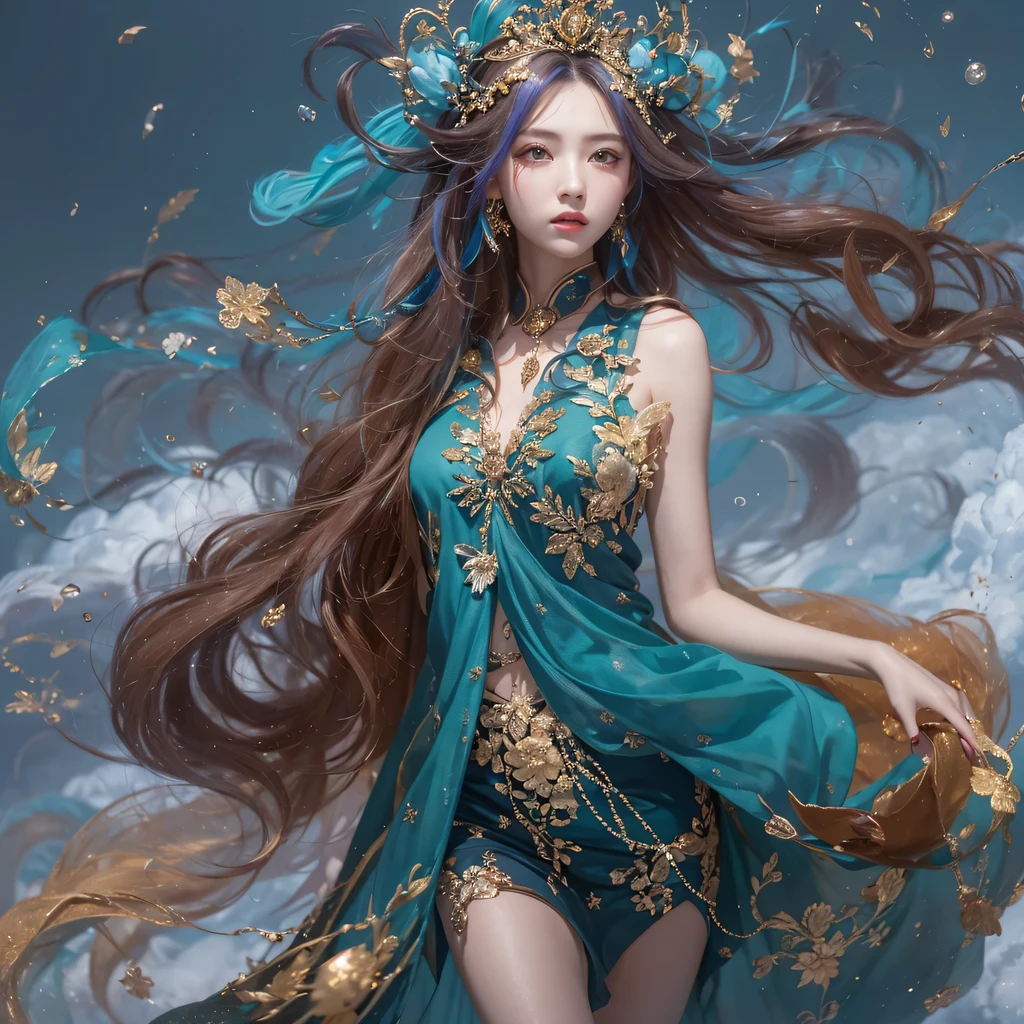 Yellow blue colors,enamel,agate,A flesh-colored world,Blood Blue Maiden 32k(masterpiece,HD,Aoyama Pond,超HD,32k)long flowing bright blue hair,blood pool,Ziddink, a color,grumpy (After greeting), (Linen scarf), fighting stance, looking at the ground, long white hair, Floating bright blue, Fire cloud gold headdress, Chinese long-sleeved gold silk burgundy garment, (Abstract metaverse splash:1.2), White background,Peony flower vitality protector(realistically:1.4),bright purple hair,Smoke on the road,The background is very pure, high resolution, detail, RAW photos, Sharp Re, Nikon D850 film photo by Jefferies Lee 4 Kodak Portra 400 camera F1.6 guns, colorful, Ultra-realistic and vivid textures, dramatic lighting, Unreal Engine Art Station Trend, Sinest 800,一个有着long flowing bright blue hair的女孩,huge colorful bubbles