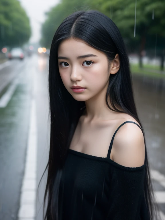 Highest image quality、8K、sad look、cute fashion，16 years old，delicate body，small breasts，black haired，long hair，street corner、turn around、rain