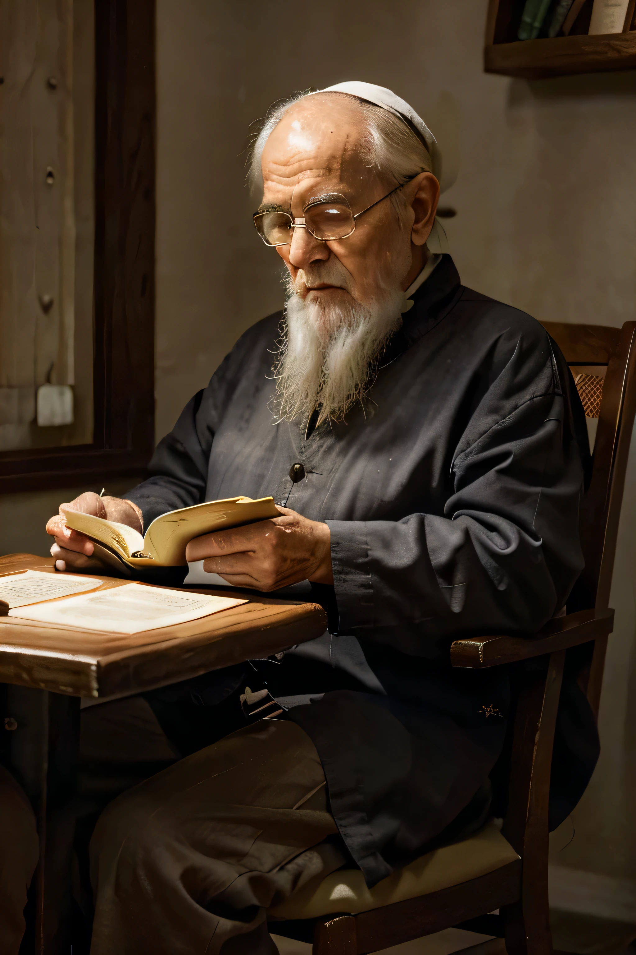An old religious man is sitting in a comfortable chair, gently holding an ancient Bible in his wrinkled hands. A luz suave de uma vela ilumina seu rosto tranquilo, highlighting the lines of wisdom and serenity in your expression. He is immersed in reading, your eyes fixed on the sacred pages as your mind absorbs the divine message