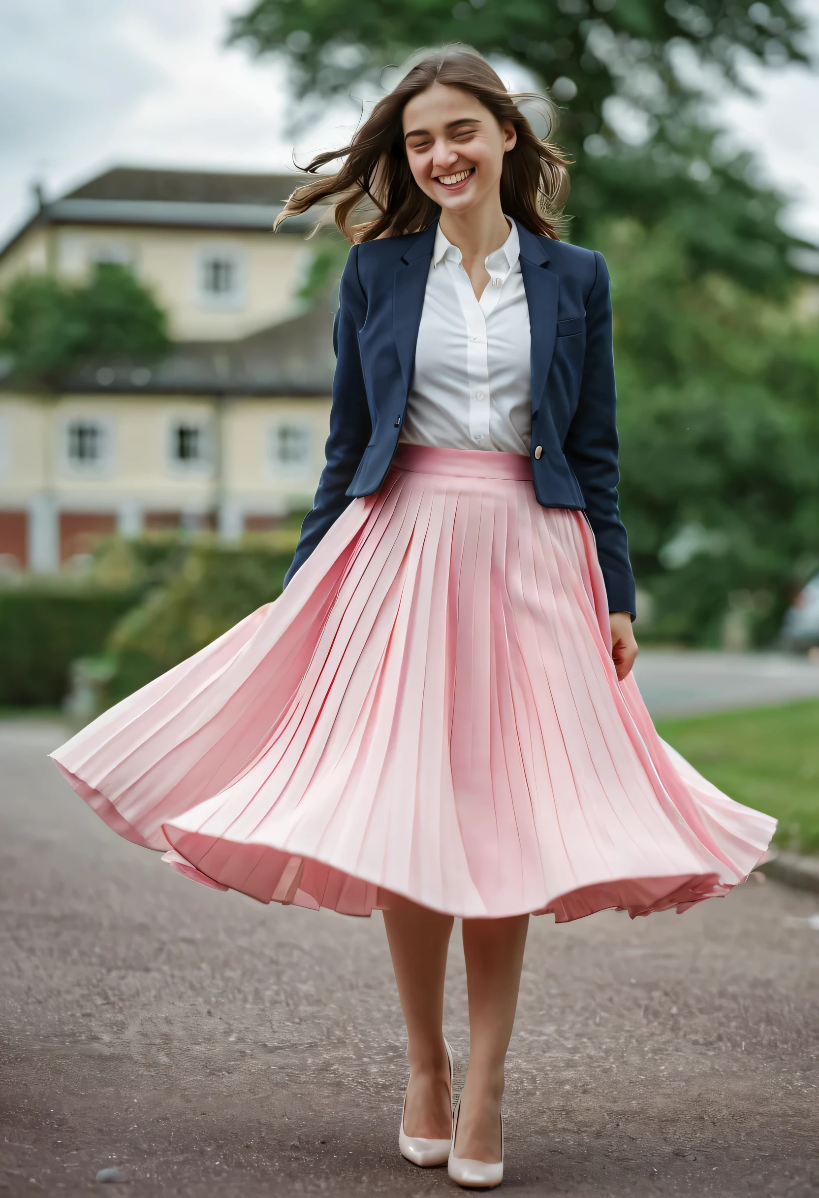 A smiling, authentic, (shy:1,3), kind, beautiful woman, is passionately in love with her skirt, while wind lifts her skirt, wearing short blazer and very very detailed (long (fully pleated) full circle skirt) and (low heeled court shoes), very very intricate hyper-detailed symmetric (attractive graceful young feminine face) with (sad, tired eyes and a loving smile), large breasts, full of empathy and compassion and love, (pronounced (feminine) features), (highly detailed ultra accurate realistic) hands and fingers, (windy), epic composition, highly detailed attributes, (35mm f1.4 Kodak portra 400 photograph), extremely high quality RAW photograph, highly detailed atmosphere, sci-fi, cinematic shot, dynamic lighting, 75mm, Technicolor, Panavision, cinemascope, sharp focus, fine details, 8k, HDR, realism, realistic, key visual, film still, superb cinematic color grading, depth of field