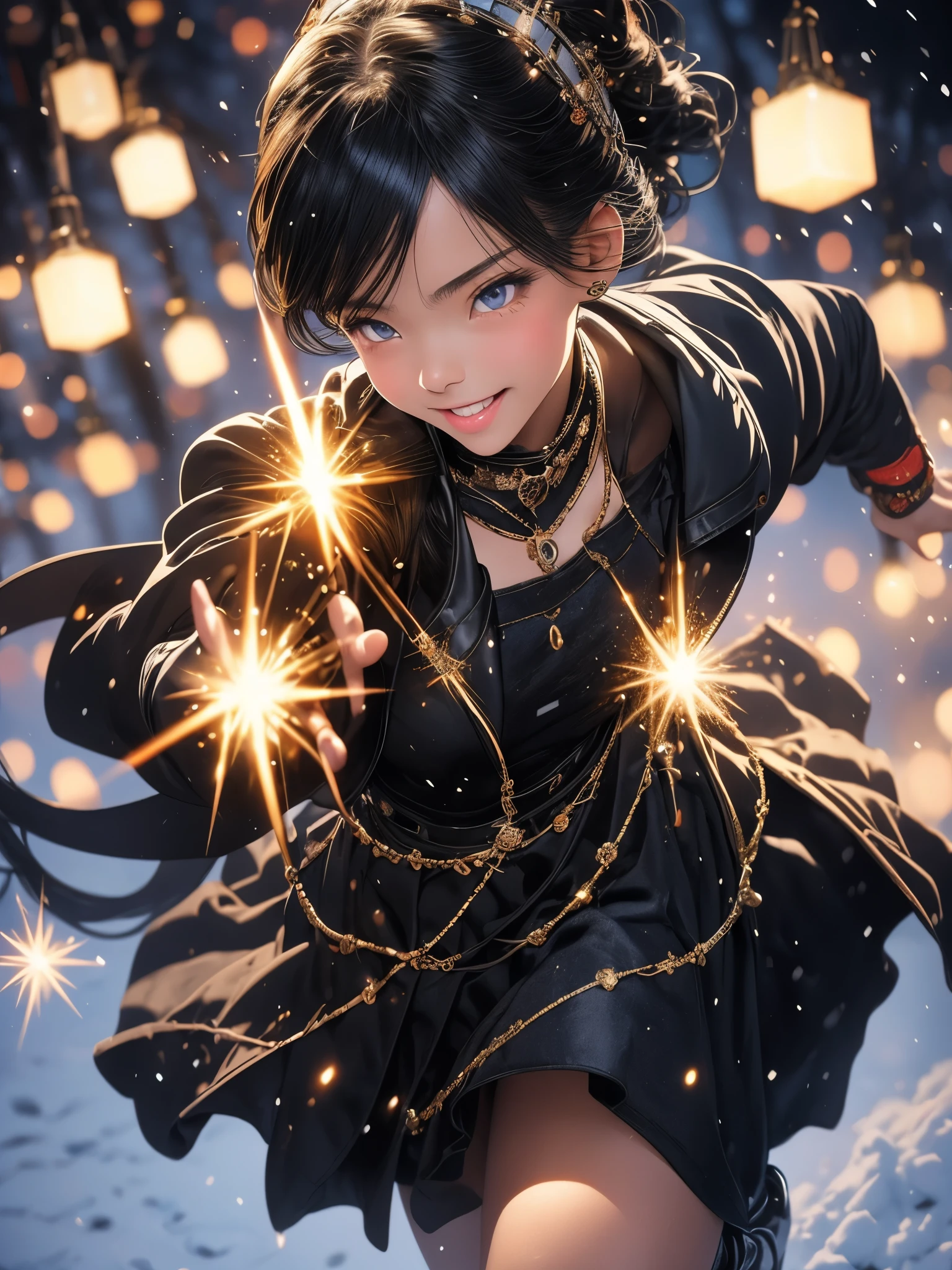 captivating scene featuring a beautiful anime-style girl with distinct features, set against a winter wonderland backdrop. The girl will have black hair styled in a ponytail, single eyelids, and hooded, sultry, deep set, captivating eyes of a striking dark orange color. Her facial expression will be a gentle smile. Age . She'll be wearing a Japanese junior high school suit themed adorned with an intricate hot design. skirt is mini size. The background will depict a snowy street illuminated by starlight, creating a magical New year day atmosphere. The action captured will be as if she's playfully leaping Gun action skill, adding a sense of movement and joy to the scene. This combination of elements should produce an ultra special quality image that feels like a masterpiece.
INFO