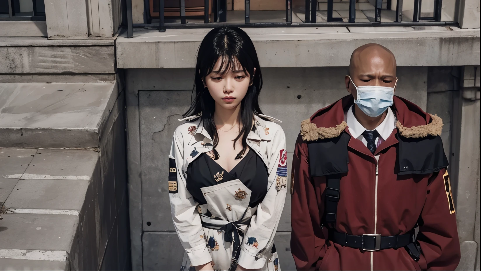 black hair、handcuffed、traces of being beaten、being watched by a guard、hands out in front