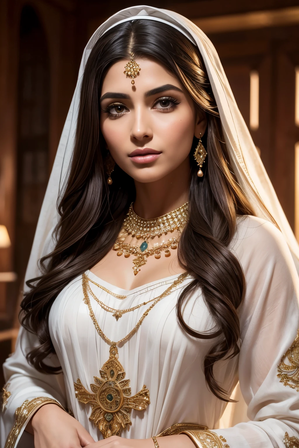 RAW, Best quality, high resolution, Masterpiece: 1.3), Beautiful Fatima, Masterpiece, best quality, ultra hd, 8k, (realistic:1.4), highly detailed, ultra-realistic, (photorealistic:1.5), crisp and clear, (name: Fatima), striking features, unique facial structure, olive skin, bright brown eyes, full lips, expressive eyebrows, shoulders length curly hair, traditional Lebanese clothing, intricately designed embroidery, long flowing skirt, headscarf, soft colors, warm lighting, rich textures, inviting expression, (intimate: 1.2), captivating portrait