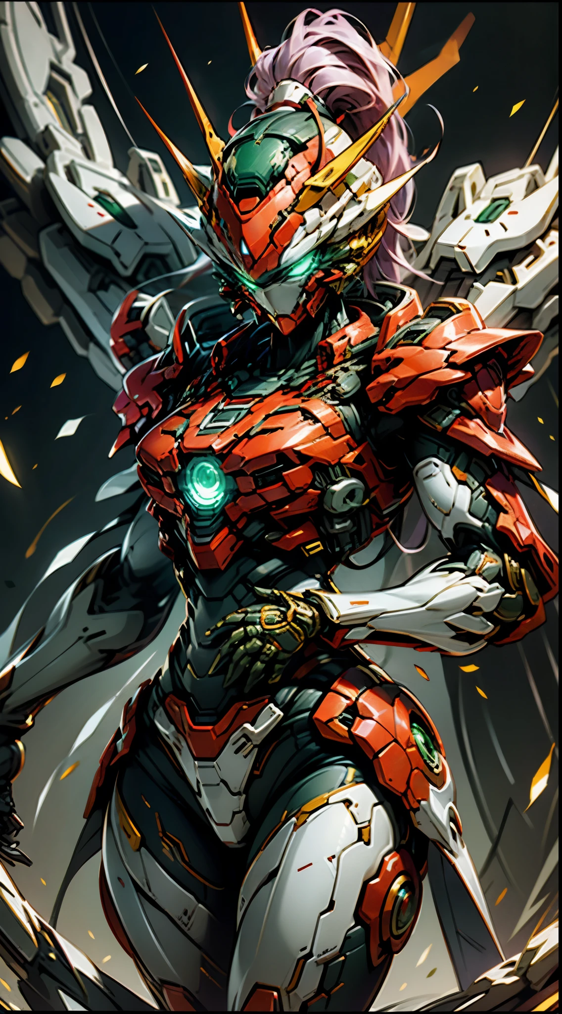 1 girl, alone, breasts, looking at viewer, big breasts, strong, red mecha, battle suit with red armor all over the body, red mecha dragon, wrenches, helmet with red mask, mask with 2 glowing green eyes, spikes yellow on various parts of his body, green orbs embedded in his body, purple hair