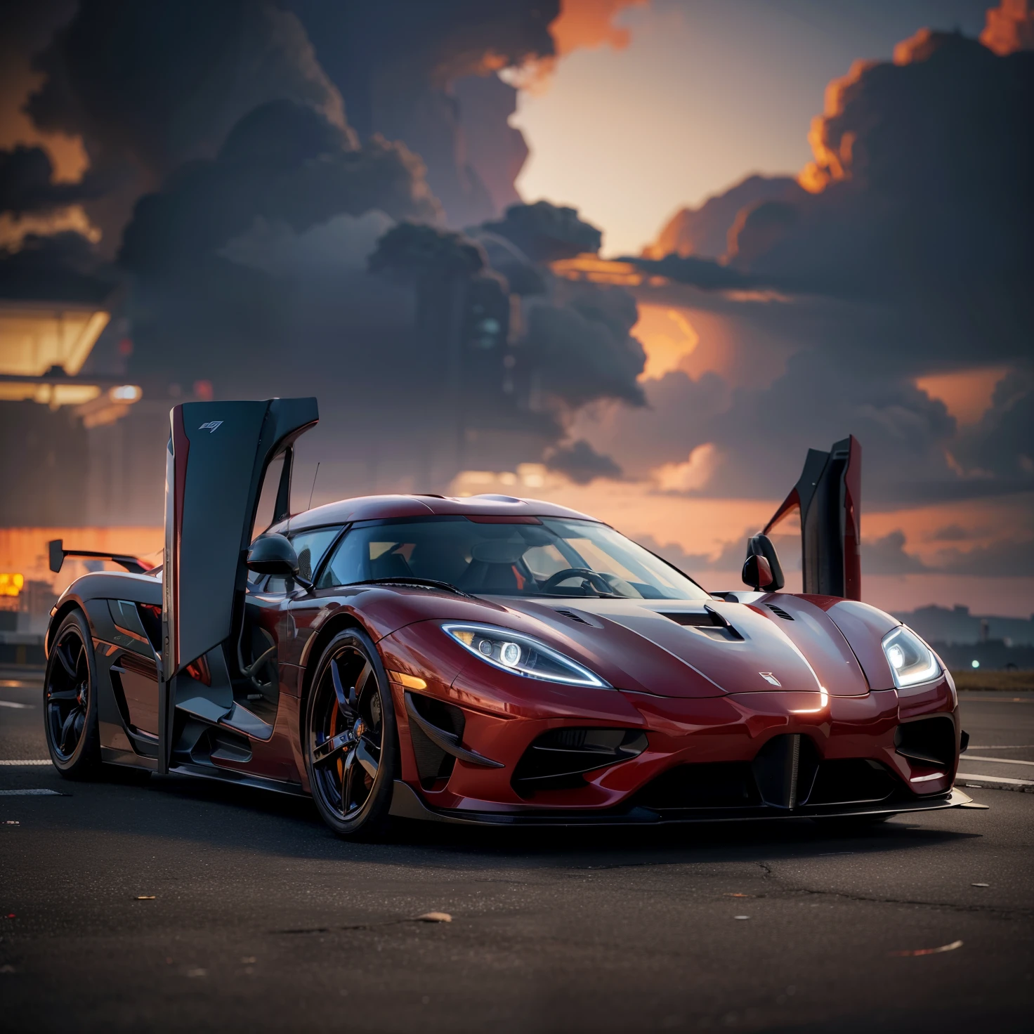 Red koenigsegg agera Rrealista, disco Rigido, cyberpunk in cybercity at night, 8k