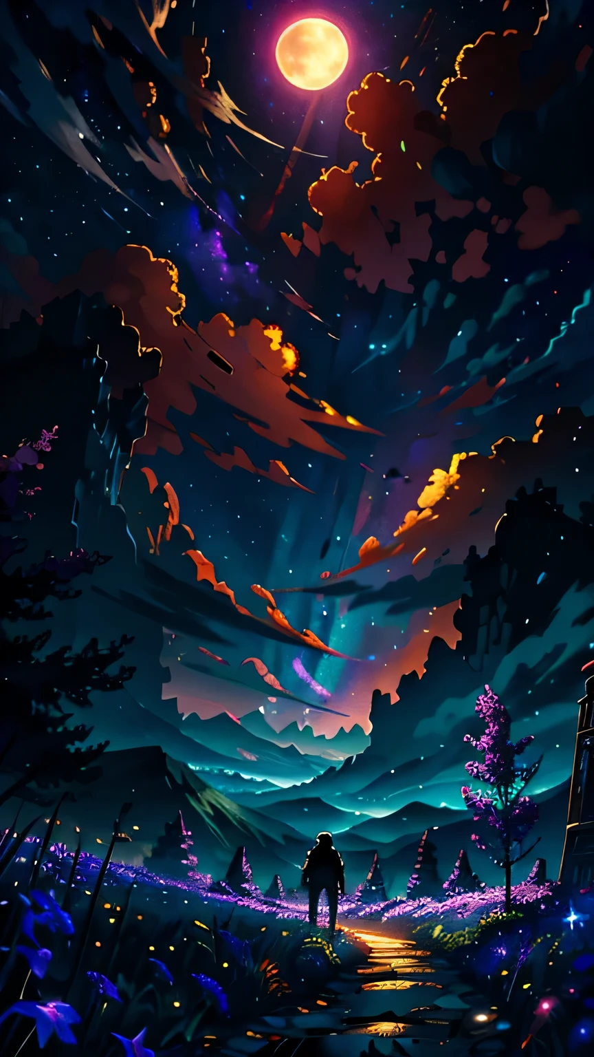 expansive landscape photograph , (a view from below that shows sky above and open field below), a man standing on flower field looking up, (full moon:1.2), ( shooting stars:0.9), (nebula:1.3), distant mountain, tree BREAK
production art, (warm light source:1.2), (Firefly:1.2), lamp, lot of purple and orange, intricate details, volumetric lighting BREAK
(masterpiece:1.2), (best quality), 4k, ultra-detailed, (dynamic composition:1.4), highly detailed, colorful details,( iridescent colors:1.2), (glowing lighting, atmospheric lighting), dreamy, magical, (solo:1.2)