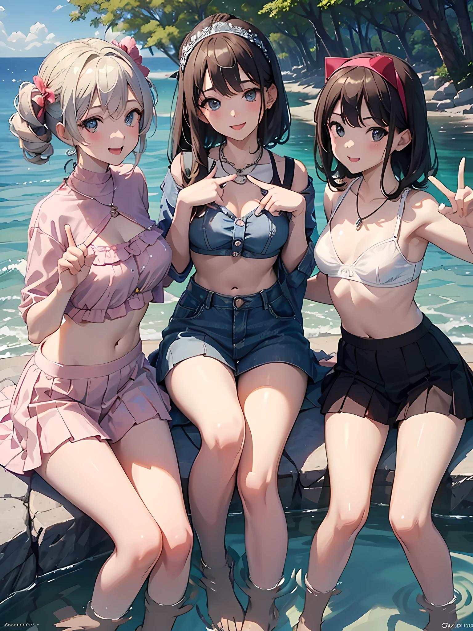 ((highest quality)), ((masterpiece)), (Cute baby girl), (3 girls:1.3), cute three girls are posing for a camera outdoors in the water, shirtをつかむ, stand side by side, (Close-up shot from the knee:1.3), perfect face, smile, (open your mouth and smile:1.3), embarrassed look, (precise fingers:1.3), hair band, head band, hair bobble, blouse, shirt, I can see your underwear, (pastel colored underwear), high resolution eyes, accurate eyes, (high resolution eyes:1.8), (High definition finger 1.8), light smile, small chest, chest, realistic, 4-year-old, 5 years old, 6 years old, 7 years old, knee socks, short skirt, Asian, Westerners, silver hair, brown hair, blonde, belly button, jewelry, looking at the viewer, necklace, water, , Wet, long hair, short hair, abs,