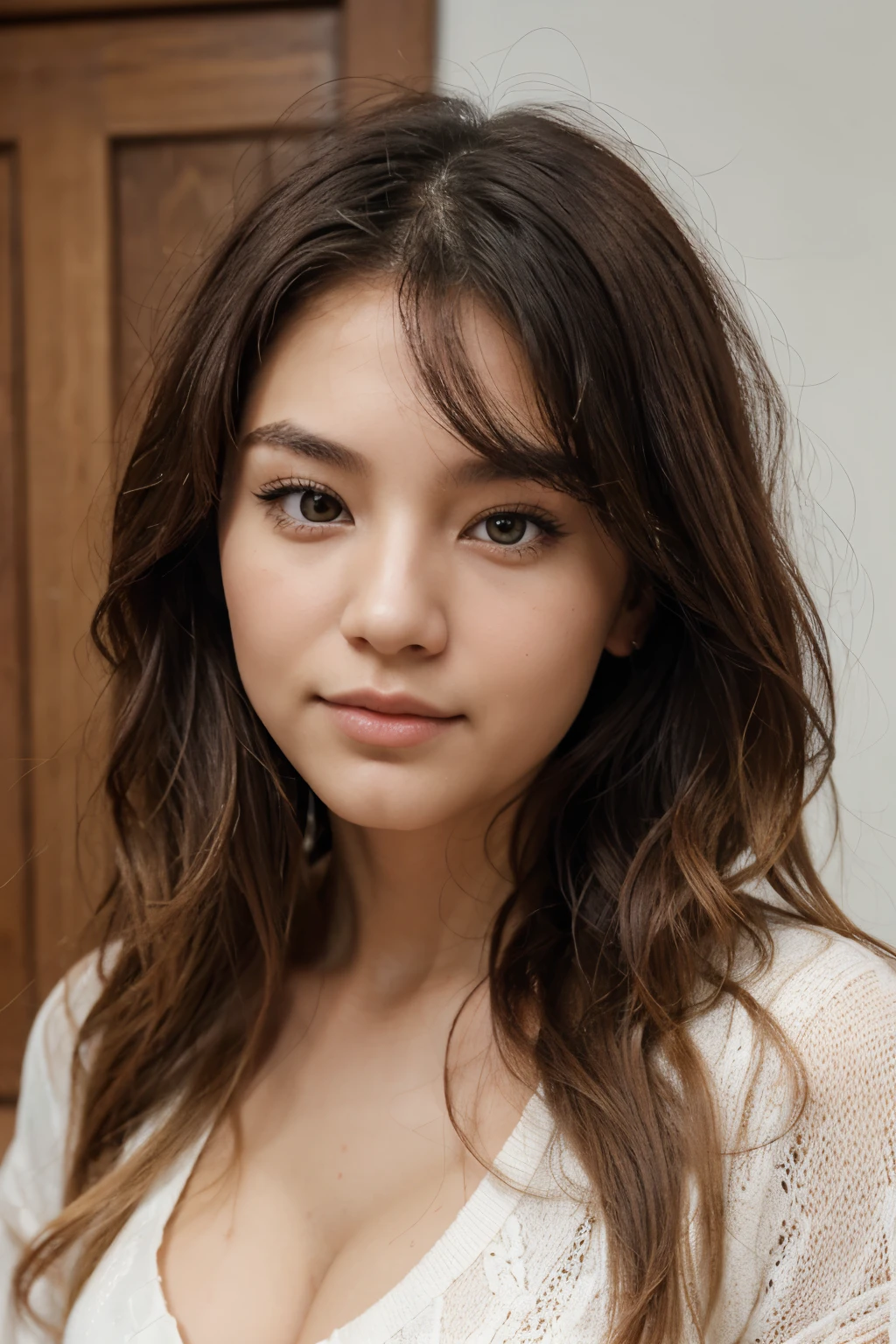 (bare chest:1.4), plum, Big Girl, Huge valley breast, Burst breasts, entire body, ligh brown hair, Long Whitr hair, By Bangs, full body photograph, (The upper part of the body:1.3), Symmetrical pose, A Male Perspective, (White bra:1.3), little smile, lips thick
