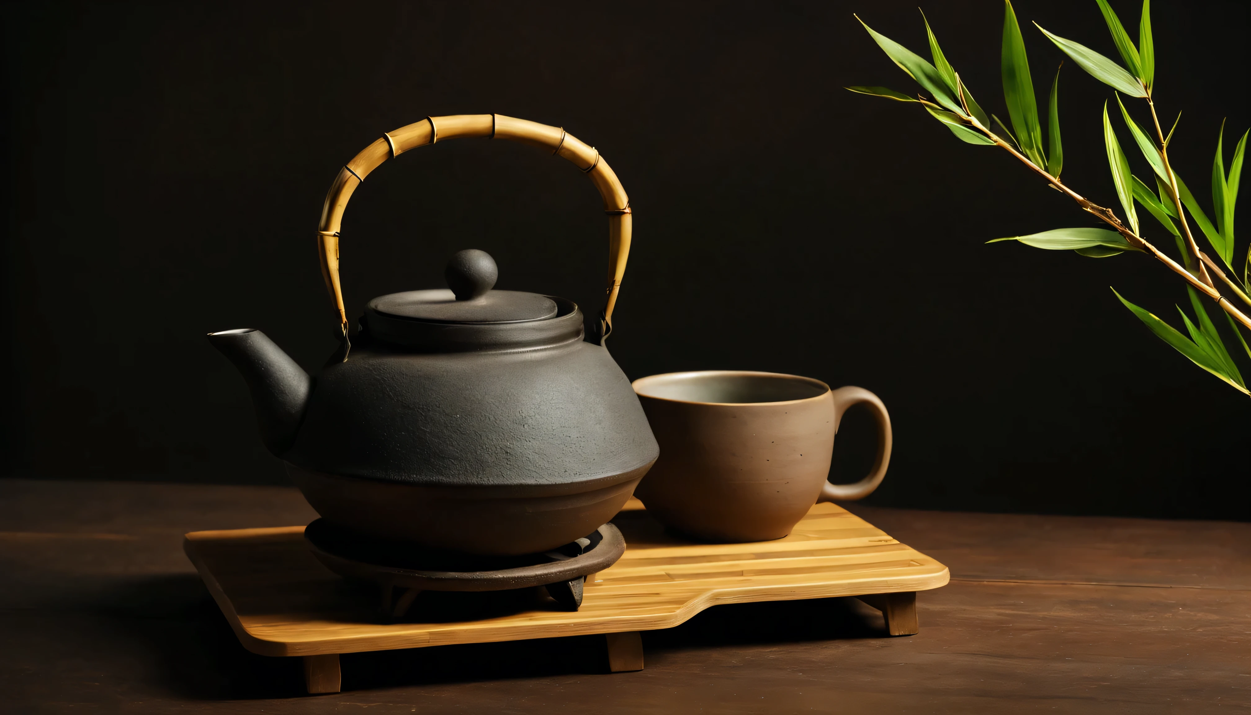 (Leave the left half of the screen blank)A rustic iron product with wooden handles(Describe the texture of iron in detail)teapot(Tea、smokes),Place it on the kiln-burning charcoal stove.Exquisite ceramic glazed tea cup set on wooden coasters.Dead branches. Inspired by tea ceremony scenes, cozy atmosphere, Zen and calm, A taste of serenity and zen, Warm and respectful atmosphere, comfortable environment, Relax, feeling of happiness, soft light and shadow.high quality. High style.Zen style bamboo branches and leaves background(best quality)(intricate details)(leave a big blank)Minimalism, romanticism, chiaroscuro, outer boundary, ultra high definition, masterpiece, anatomically correct, Super details, best quality.nice photos