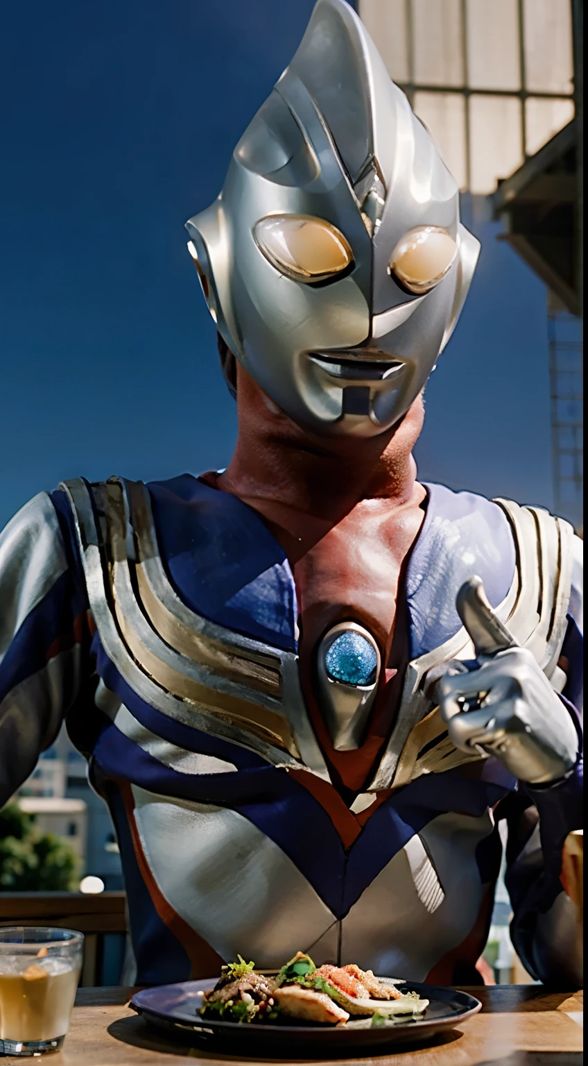 Ultraman cosmos, a Man, Korea, dressed uzumaki naruto, He was eating lunch