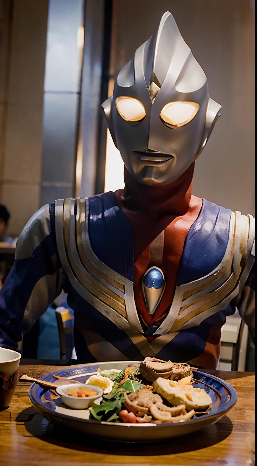 Ultraman cosmos, a Man, Korea, dressed uzumaki naruto, He was eating lunch