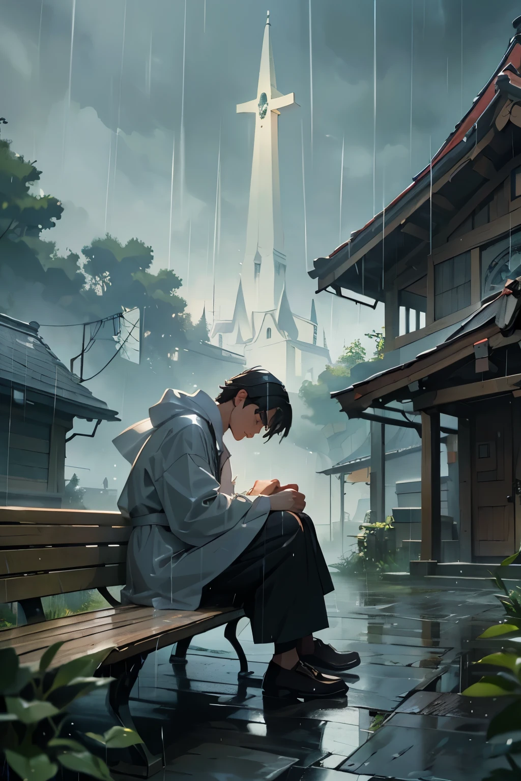A Studio Ghibli style illustration of an adult white man with shoulder-length dark hair, sitting in profile on a wooden bench, overlooking a chapel in the background. Dressed in a raincoat. (rainy scenery) (dark scenery) (mystery) (breathtaking landscapes)(digital art) favorites)(vintage decor)(rainy)(friendship)(digital art)
