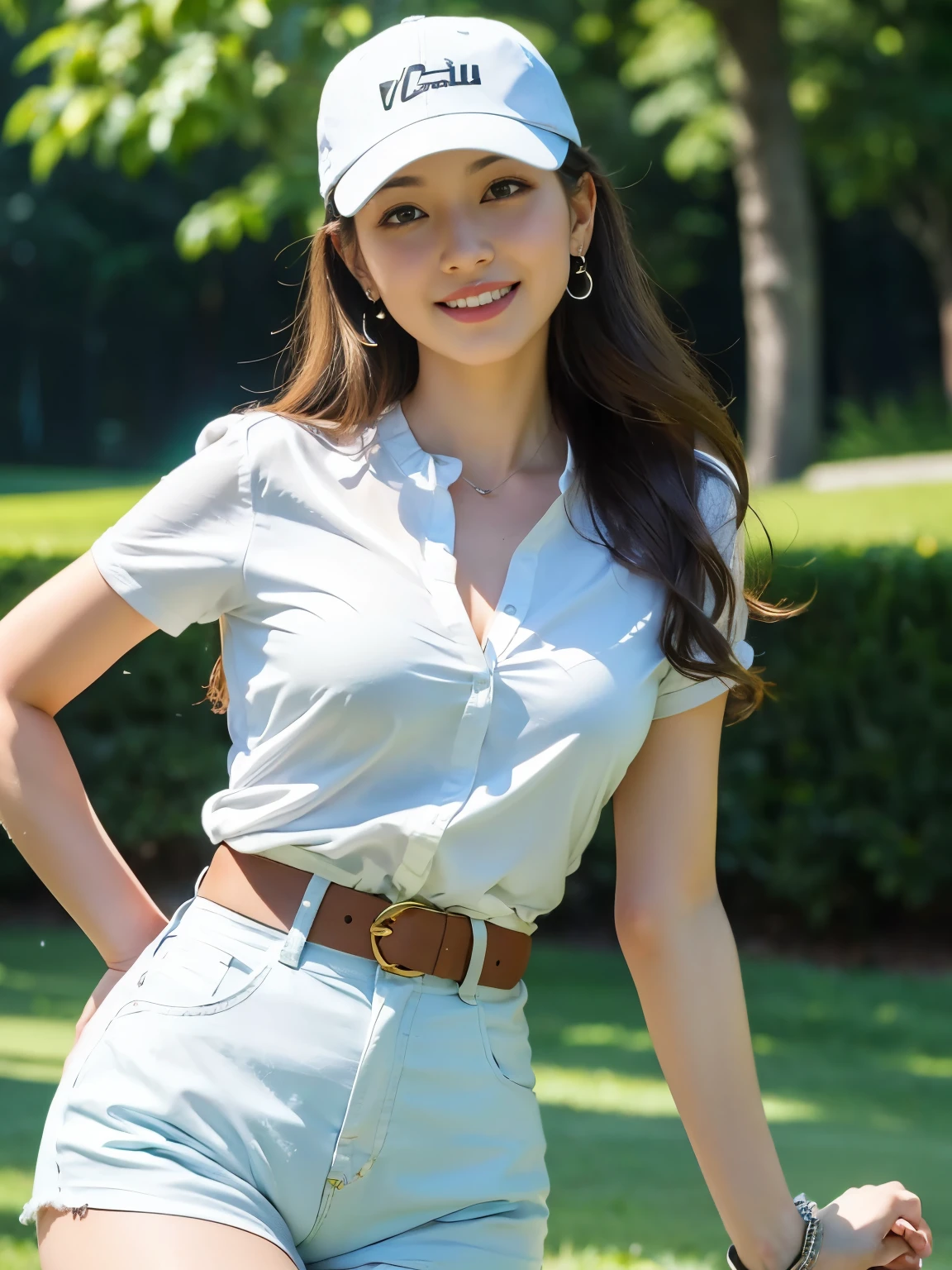 (Masterpiece:1.3), (8ก, Virtual image, raw photography, Highest picture quality: 1.4), 1 very beautiful girl, Smile with beautiful white teeth, Tie your hair, Hair clips, The crown is in front of the head., cleavage:1.2、Highly detailed face、eye for details、Double eyelids、Gather your together....、Sharp focus:1.2、beautiful woman:1.4、light brown hair、Highest quality、Masterpiece、Ultra high resolution、(Virtual image:1.4)、Highly detailed and professional light smile, White tee shirt, shorts, golf hat, white sneakers, The legs are slender and white., Carrying a crossbody bag,Serious position,Shopping Street,The background is blurred.