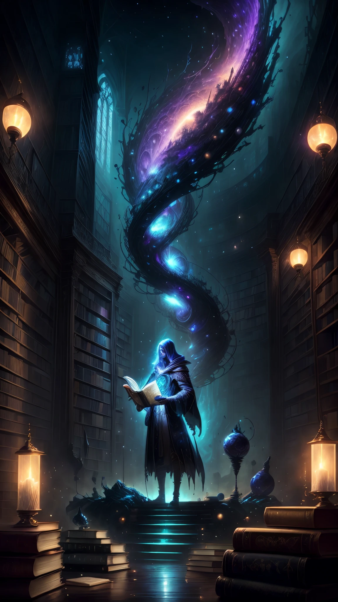 image of a wizard man standing in a magical library with books, endless books, borne space library artwork, books cave, fantasy book illustration, spiral shelves full of books, infinite celestial library, an eternal library, gothic epic library concept, magic library, japanese sci - fi books art, beeple and jean giraud, books all over the place