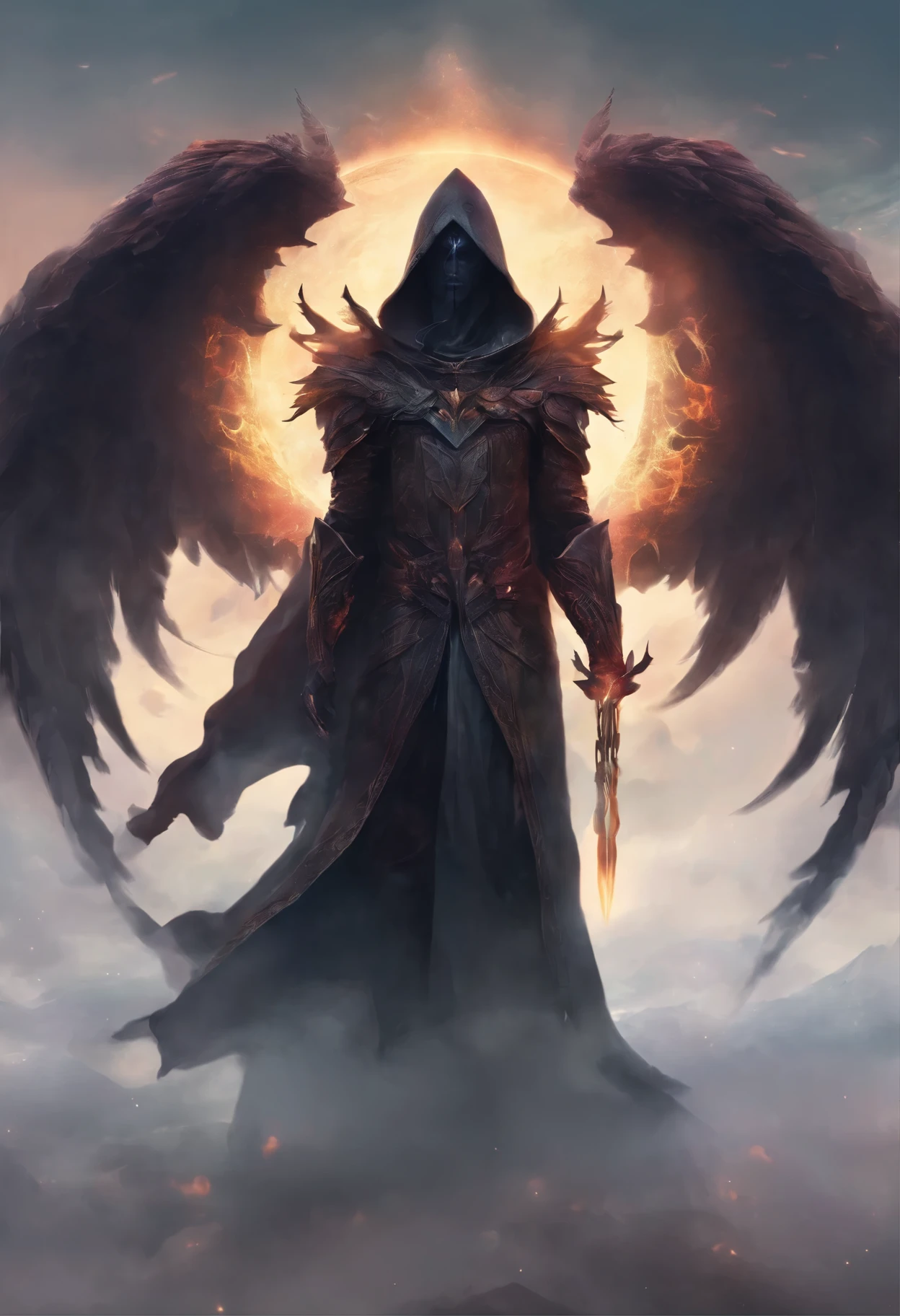 A high fantasy horror portrait of a dark, hooded celestial being with luminous spectral wings sprouting from his back that are made completely of glowing light. He is surrounded by dark necrotic clouds, Fog and mist. Energia sobrenatural.