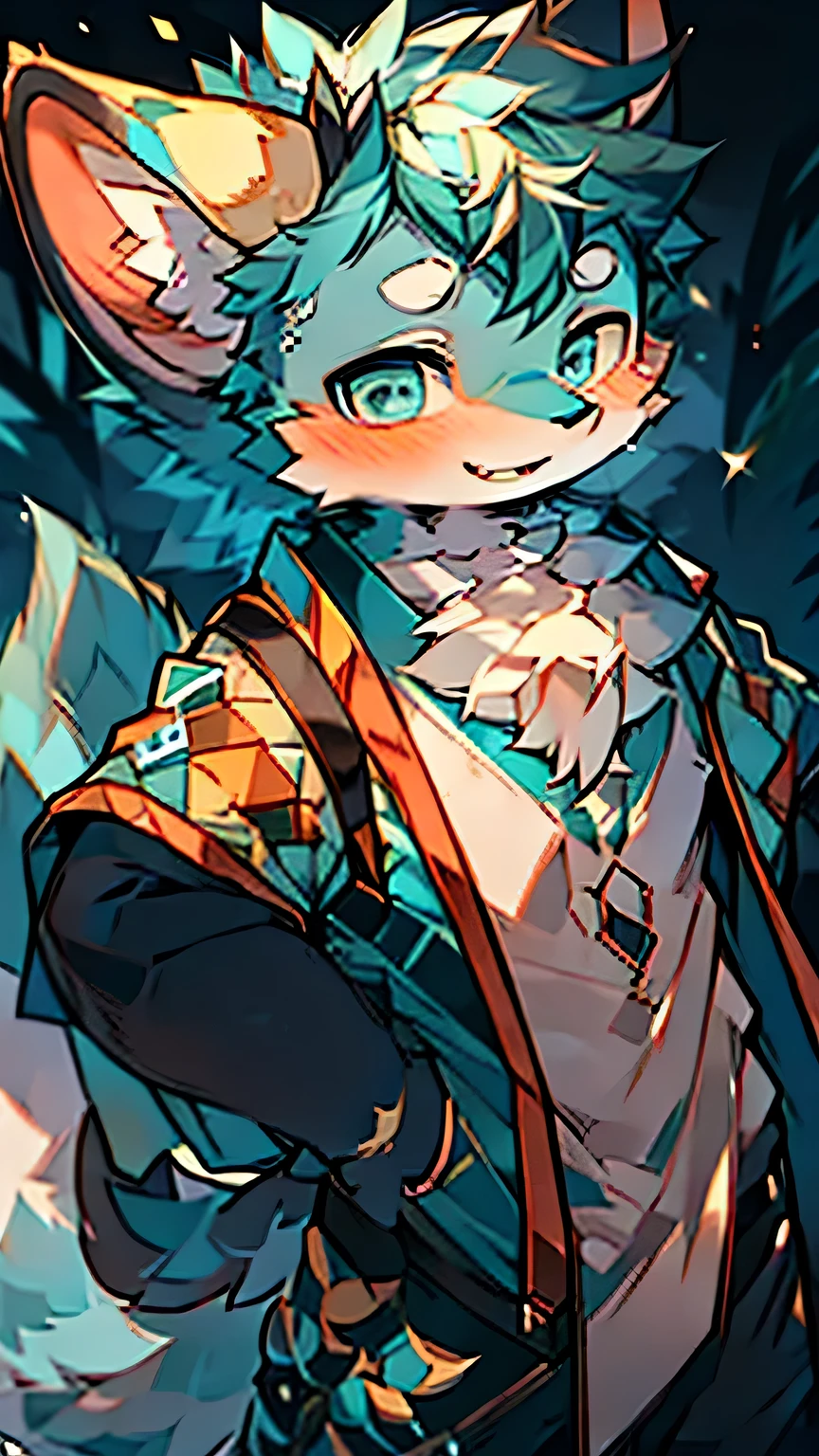 depth of field, perfect lighting, light particles,(best quality),(masterpiece),(ultra detailed),sharp focus,light particles, niji, eyesgod, blush, blue_eyes, wolf boy, dark blue fur, green hair, looking_at_viewer, smile, solo, furry, animal_ear_fluff, open_clothes, tail, japanese clothes, sunlight, tree, open mouth, arms behind back, from below, full body, shirtless