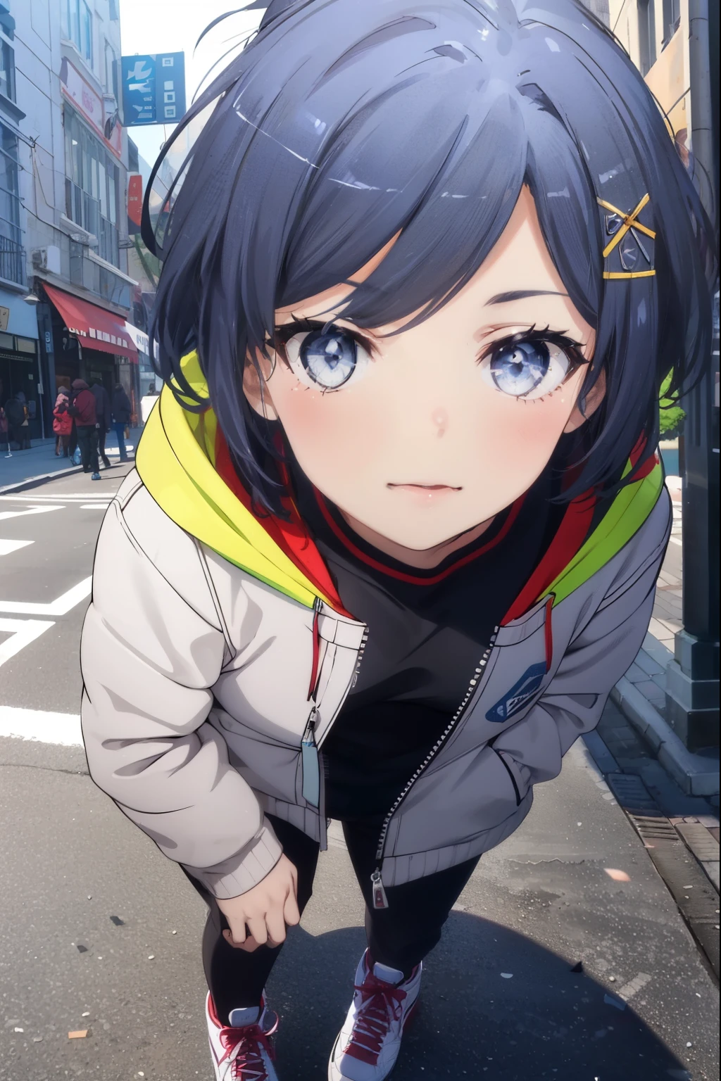 komachihikigaya, komachi hikigaya, short hair, ponytail black hair, hair ornaments, Ahoge, hair clip, x hair ornaments, (purple eyes:1.1),smile,blush, tooth, smile, open your mouth,stadium jacket,sweater,short denim,white pantyhose,red high cut sneakers,winter,whole body,Breaking the outdoors looking down from above, ,In town,Destroy the building area (masterpiece:1.2), highest quality, High resolution, unity 8k wallpaper, (figure:0.8), (beautiful and fine eyes:1.6), highly detailed face, perfect lighting, Very detailed CG, (perfect hands, perfect anatomy),