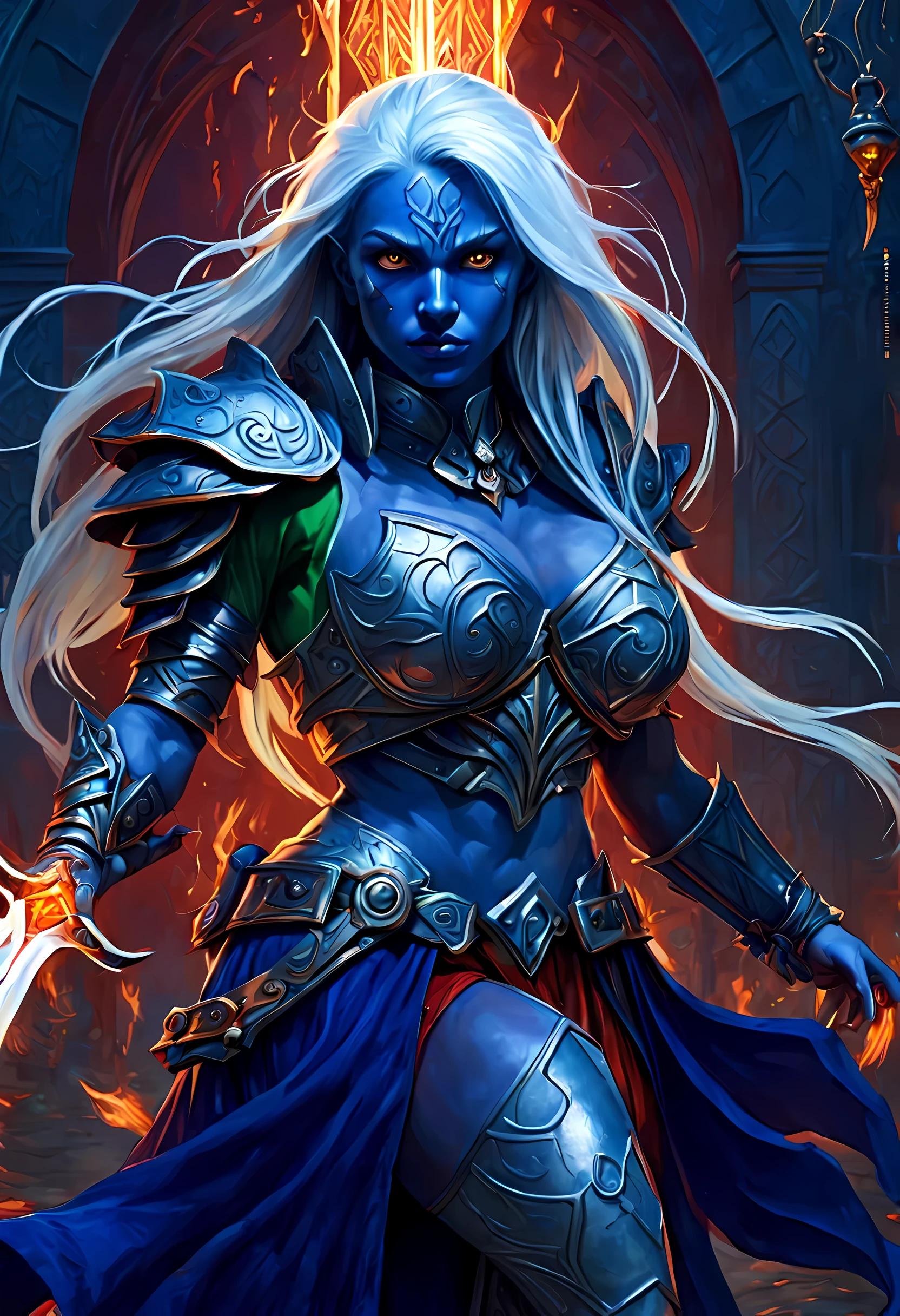 fantasy art, dnd art, RPG art, wide shot, (masterpiece: 1.4) a (portrait: 1.3) intense details, highly detailed, photorealistic, best quality, highres, portrait a female (fantasy art, Masterpiece, best quality: 1.3) ((blue skin: 1.5)), intense details facial details, exquisite beauty, (fantasy art, Masterpiece, best quality) cleric, (blue: 1.3) skinned female, white hair, long hair, (hair hides ears: 1.5), (green: 1.3) eye, fantasy art, Masterpiece, best quality) armed a fiery sword red fire, wearing heavy (white: 1.3) half plate mail armor, wearing high heeled laced boots, wearing an(orange :1.3) cloak, wearing glowing holy symbol GlowingRunes_yellow, within fantasy temple background, reflection light, high details, best quality, 16k, [ultra detailed], masterpiece, best quality, (extremely detailed), close up, ultra wide shot, photorealistic, RAW, fantasy art, dnd art, fantasy art, realistic art,((best quality)), ((masterpiece)), (detailed), perfect face,